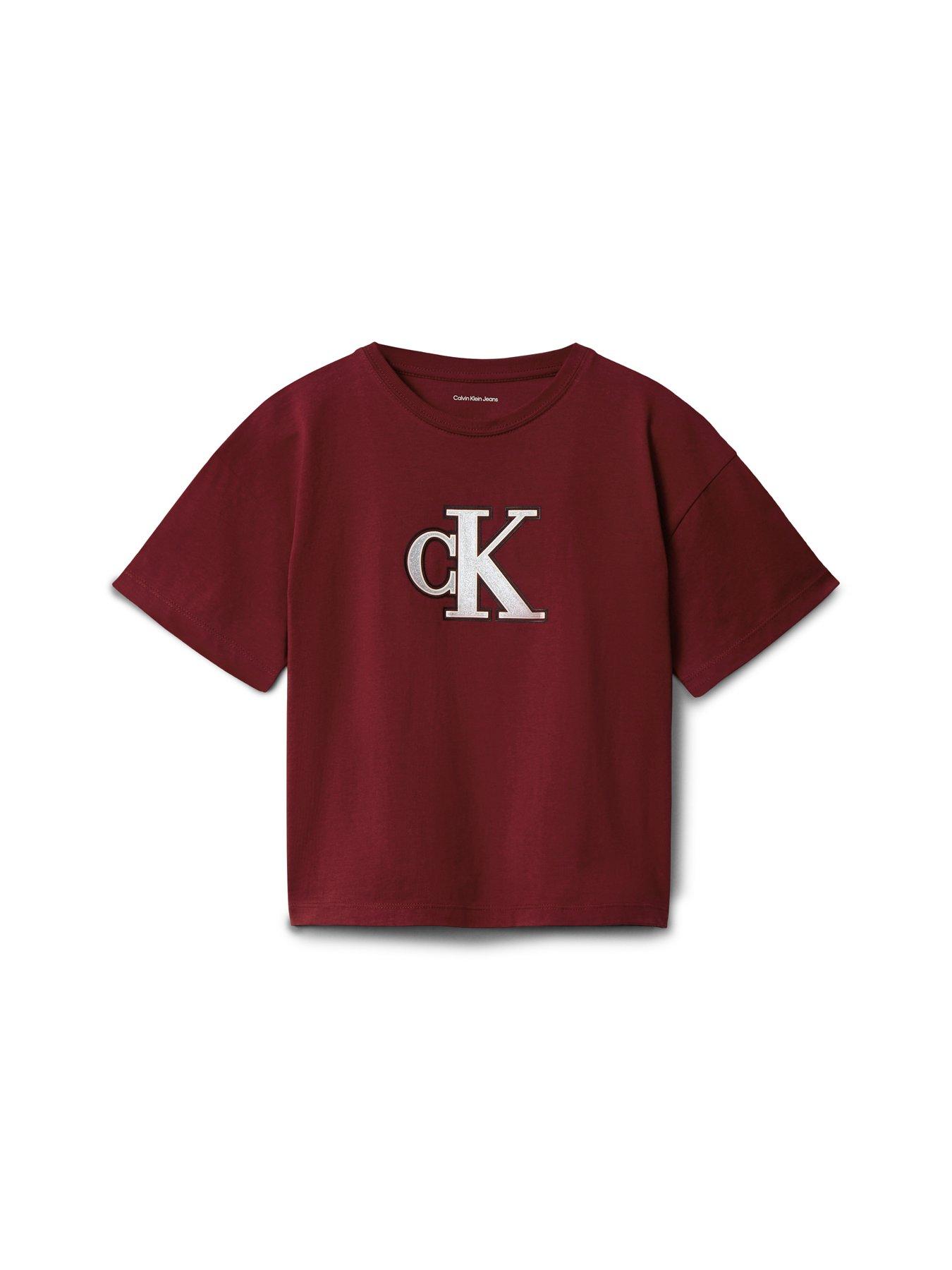  image of calvin-klein-jeans-girls-graphic-short-sleeve-t-shirt-raspberry-chocolate