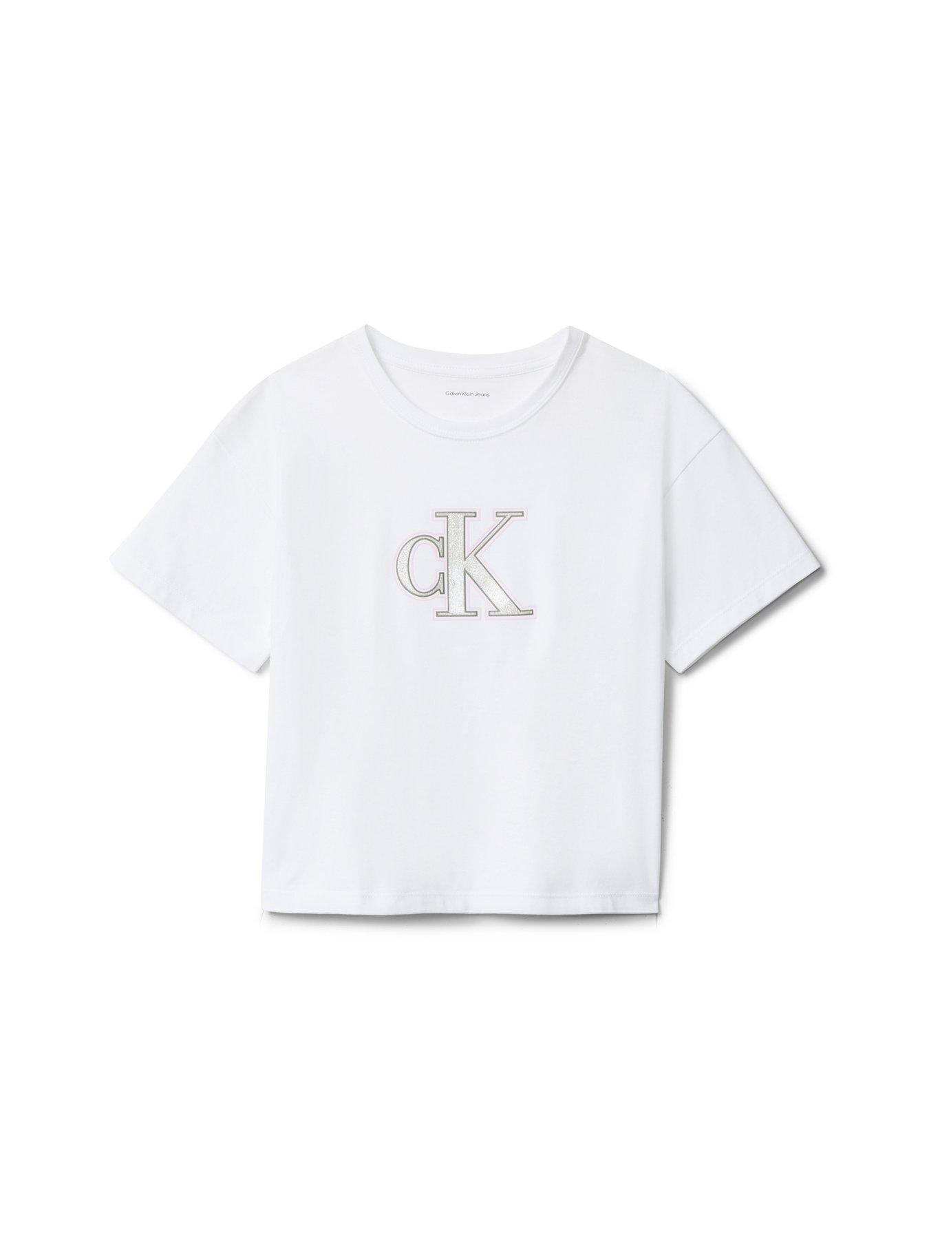 Image 1 of 1 of Calvin Klein Jeans Girls Graphic Short Sleeve T-Shirt - White