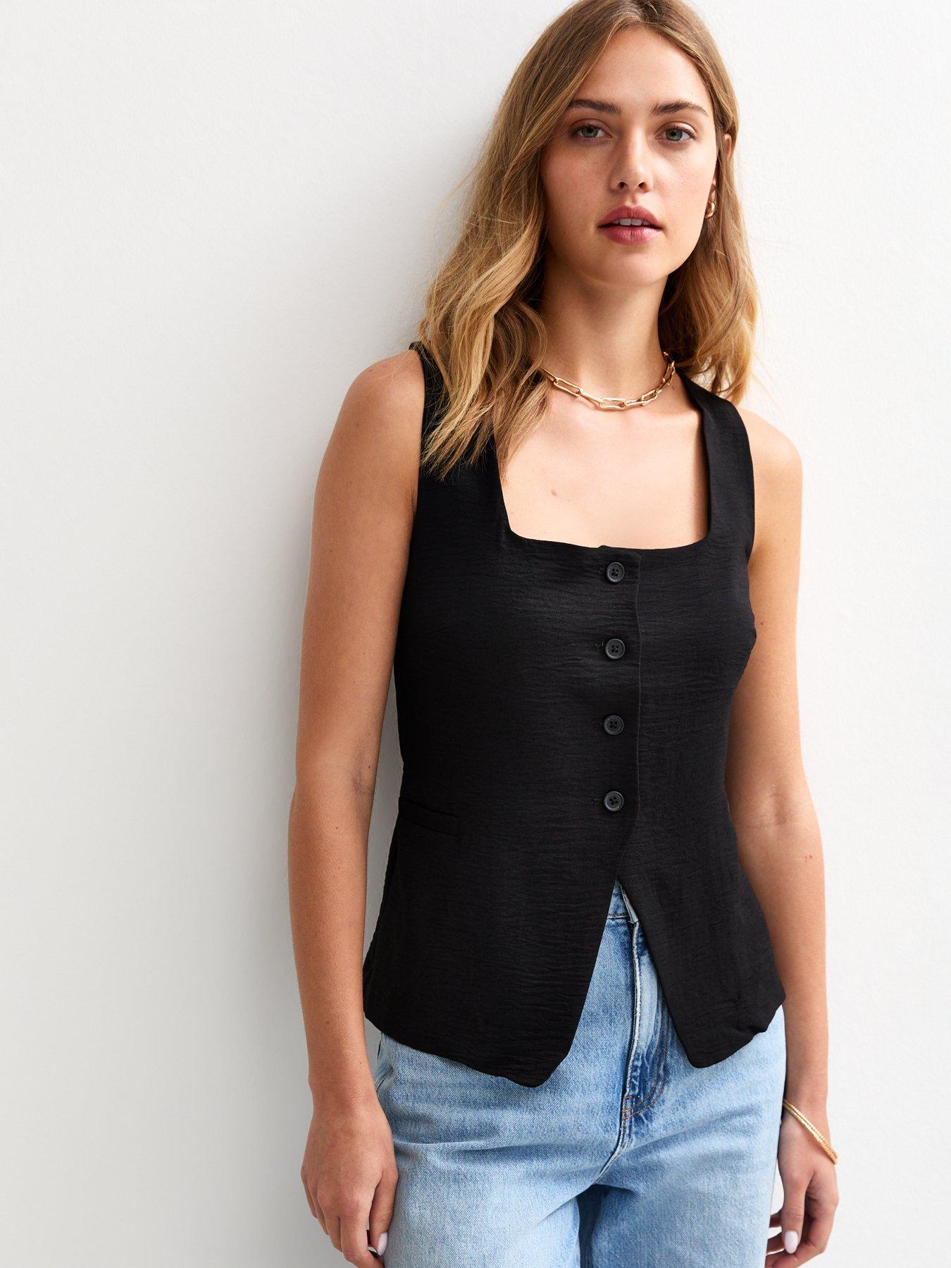 front image of new-look-black-square-neck-textured-button-waistcoat