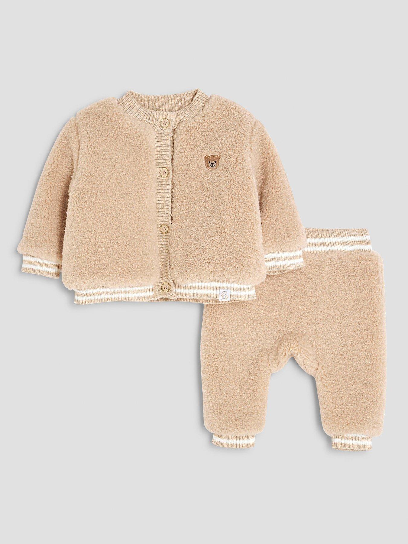 Image 1 of 5 of River Island Baby Boys Borg Bear Cardigan Set - Beige
