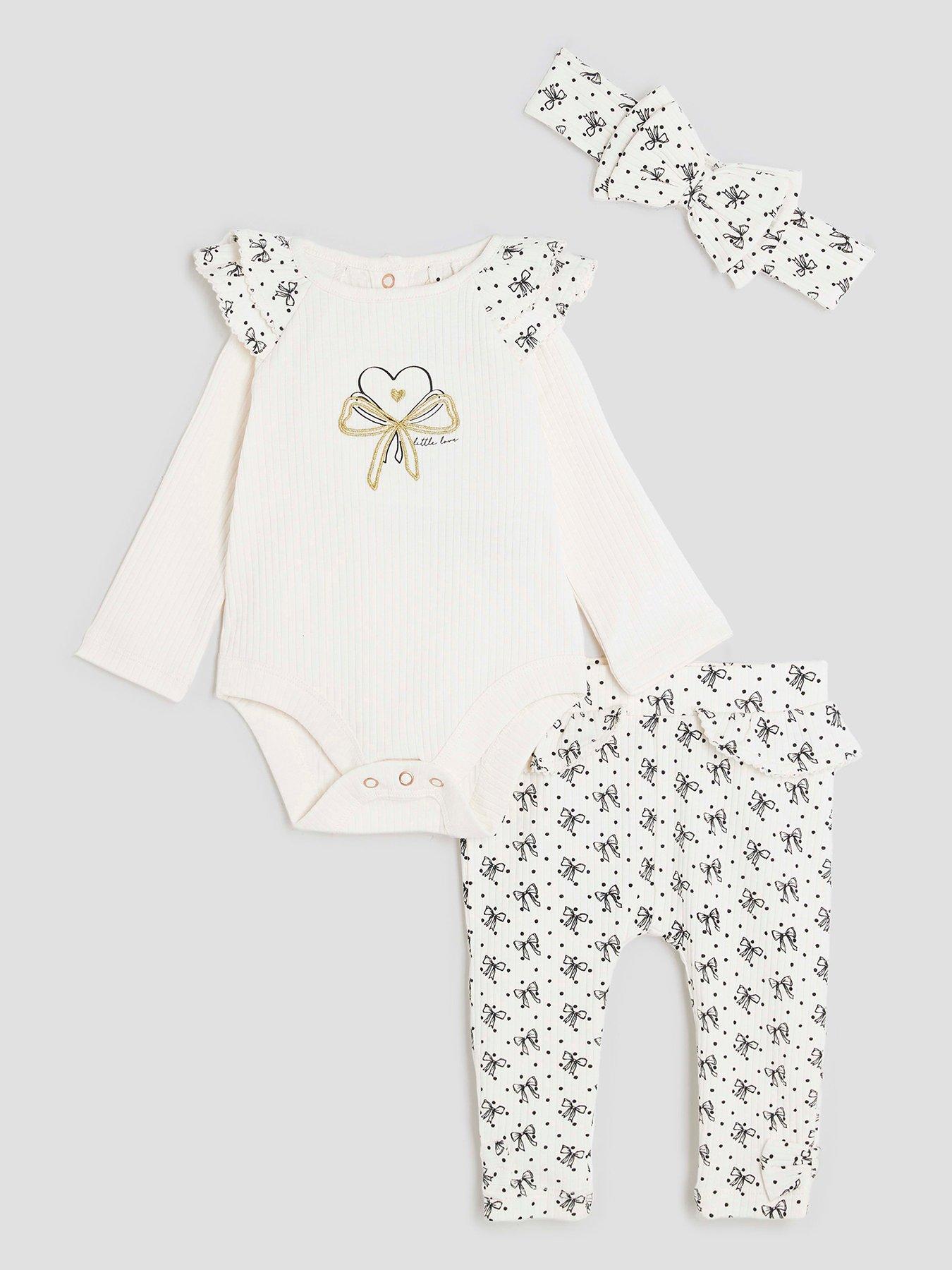 undefined Girls Bow Print Bodysuit 3 Pack Set - Cream