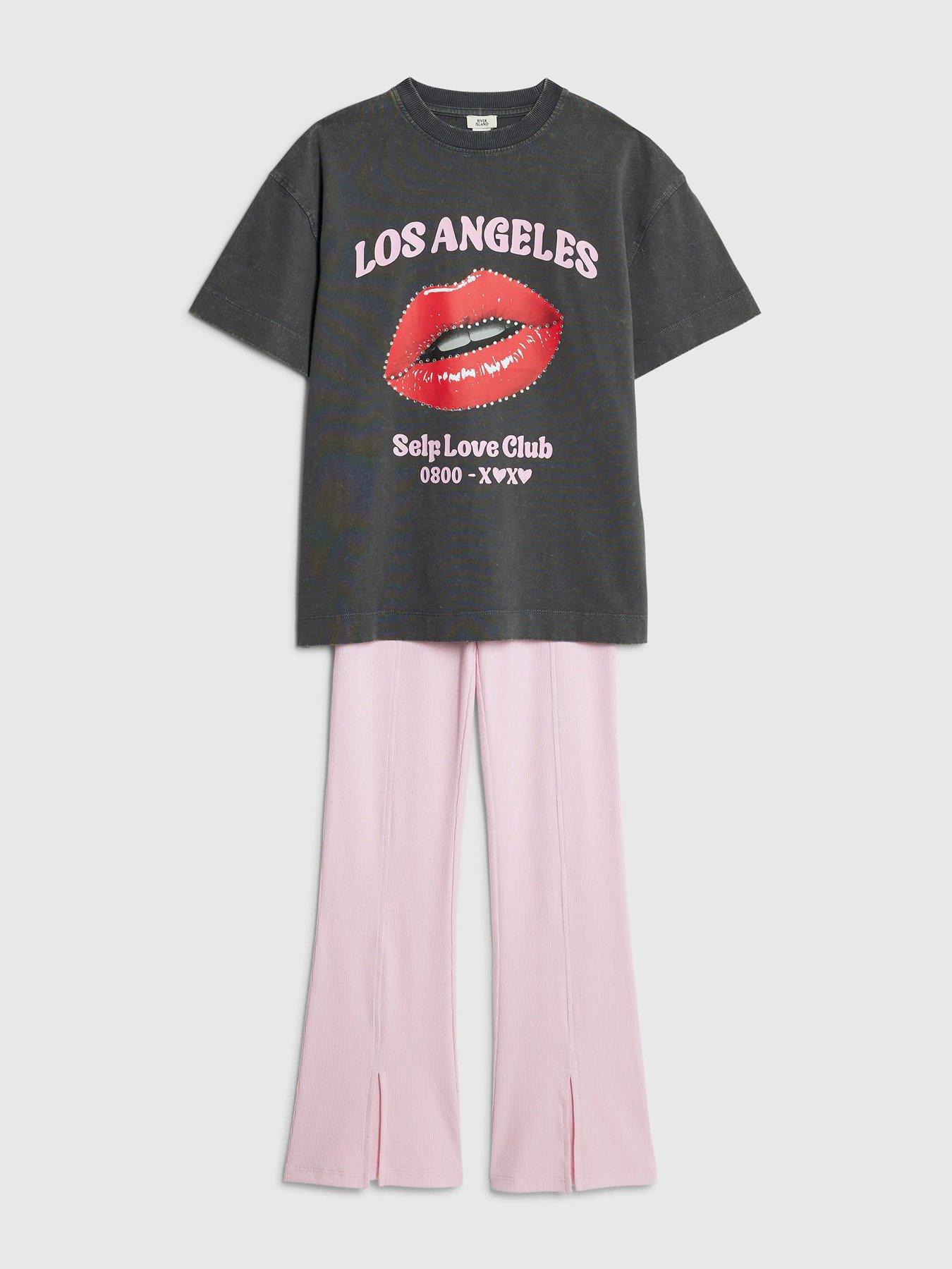  image of river-island-older-girls-los-angeles-t-shirt-set-grey