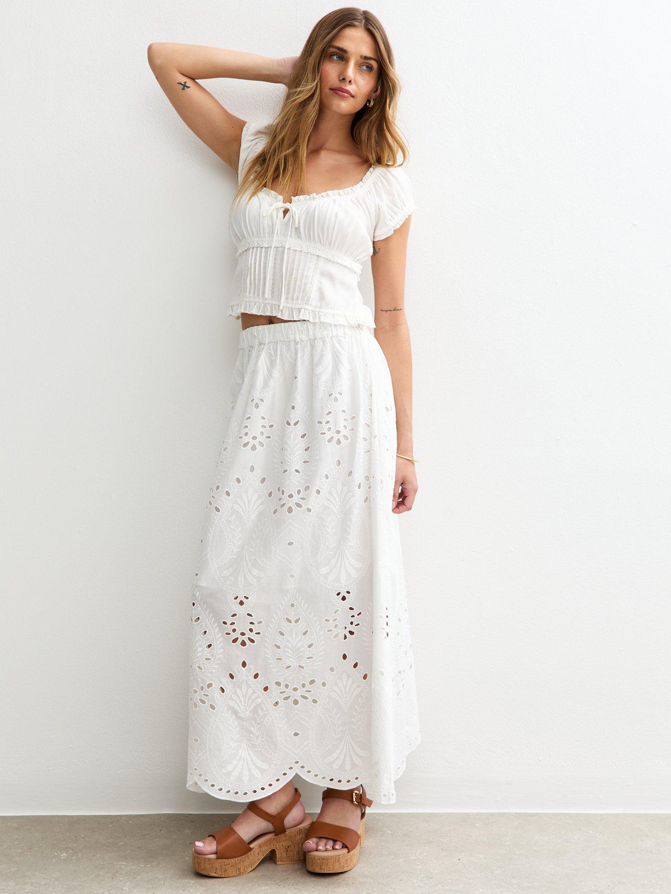 New Look Embroidered Midi Skirt - White