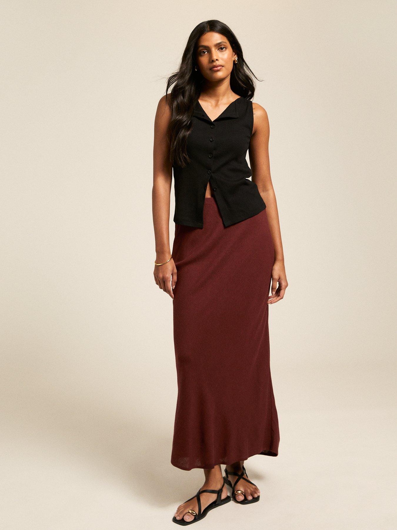 undefined Dark Brown Linen Blend Bias Cut Midi Skirt