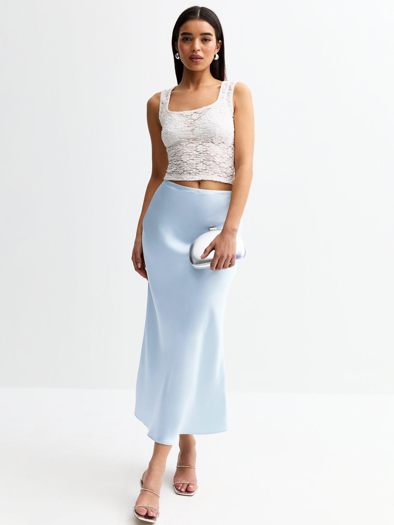 undefined Bias Cut Satin Midi Skirt - Light Blue