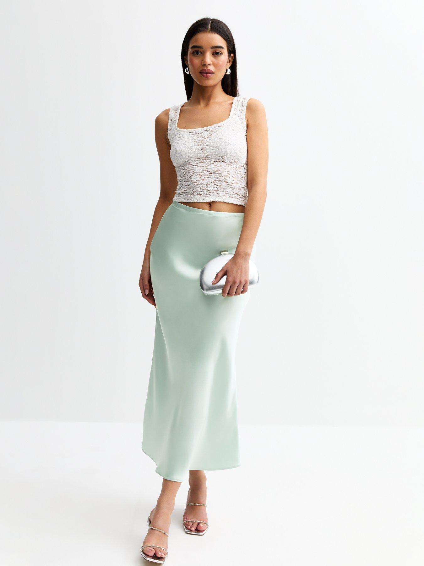 undefined Bias Cut Satin Midi Skirt - Light Blue