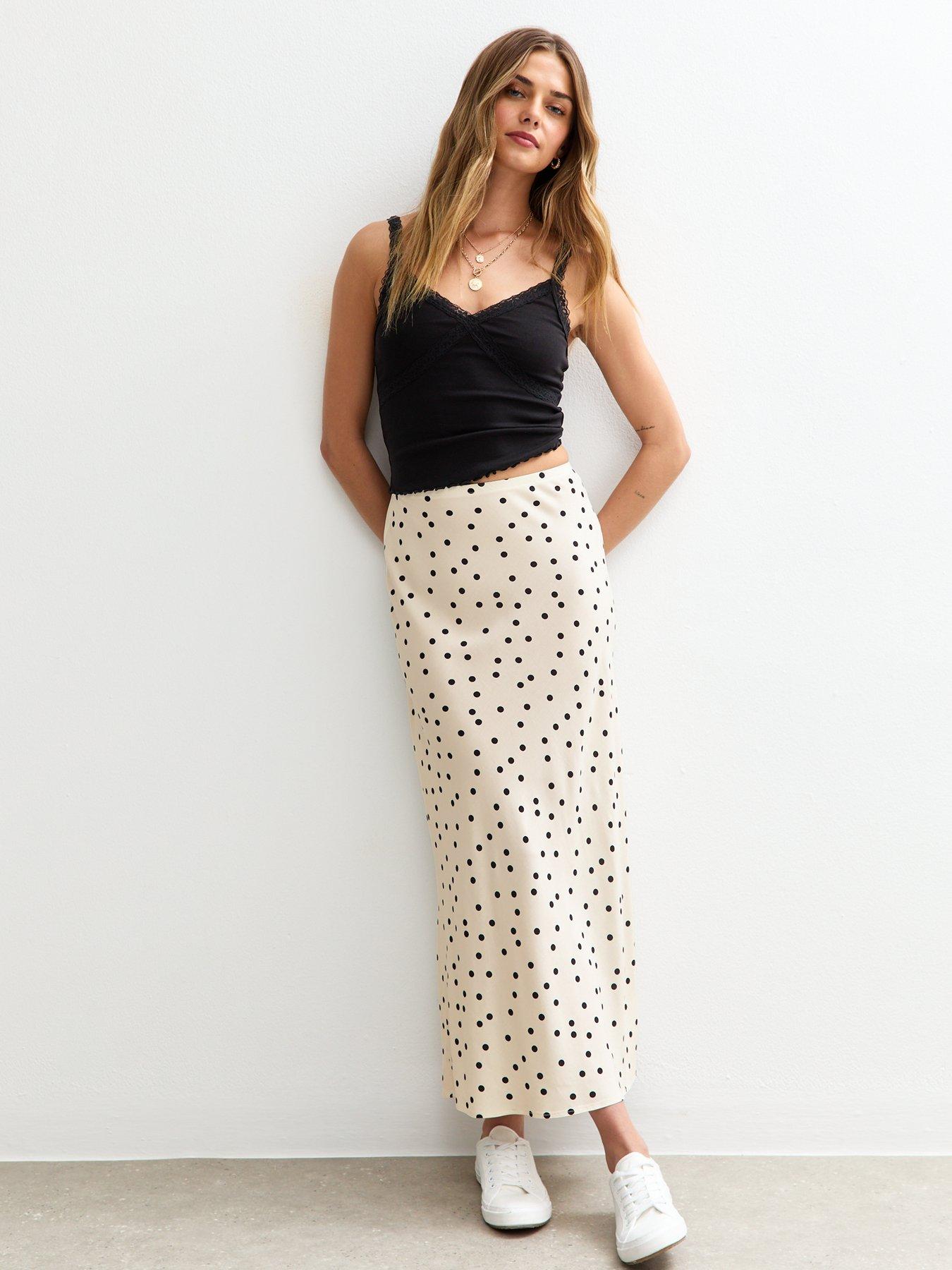 undefined Spot Print Bias Cut Midi Skirt - Cream