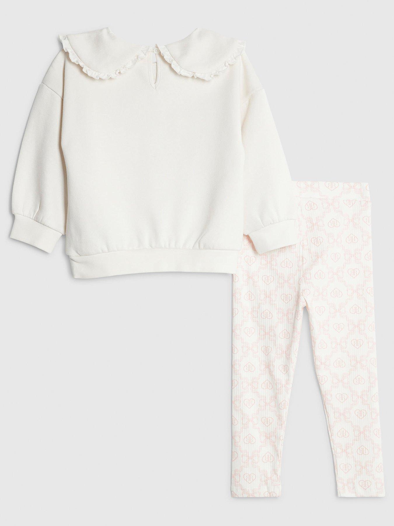 Image 2 of 5 of River Island Mini Girls Collared Bow Legging Set - Cream