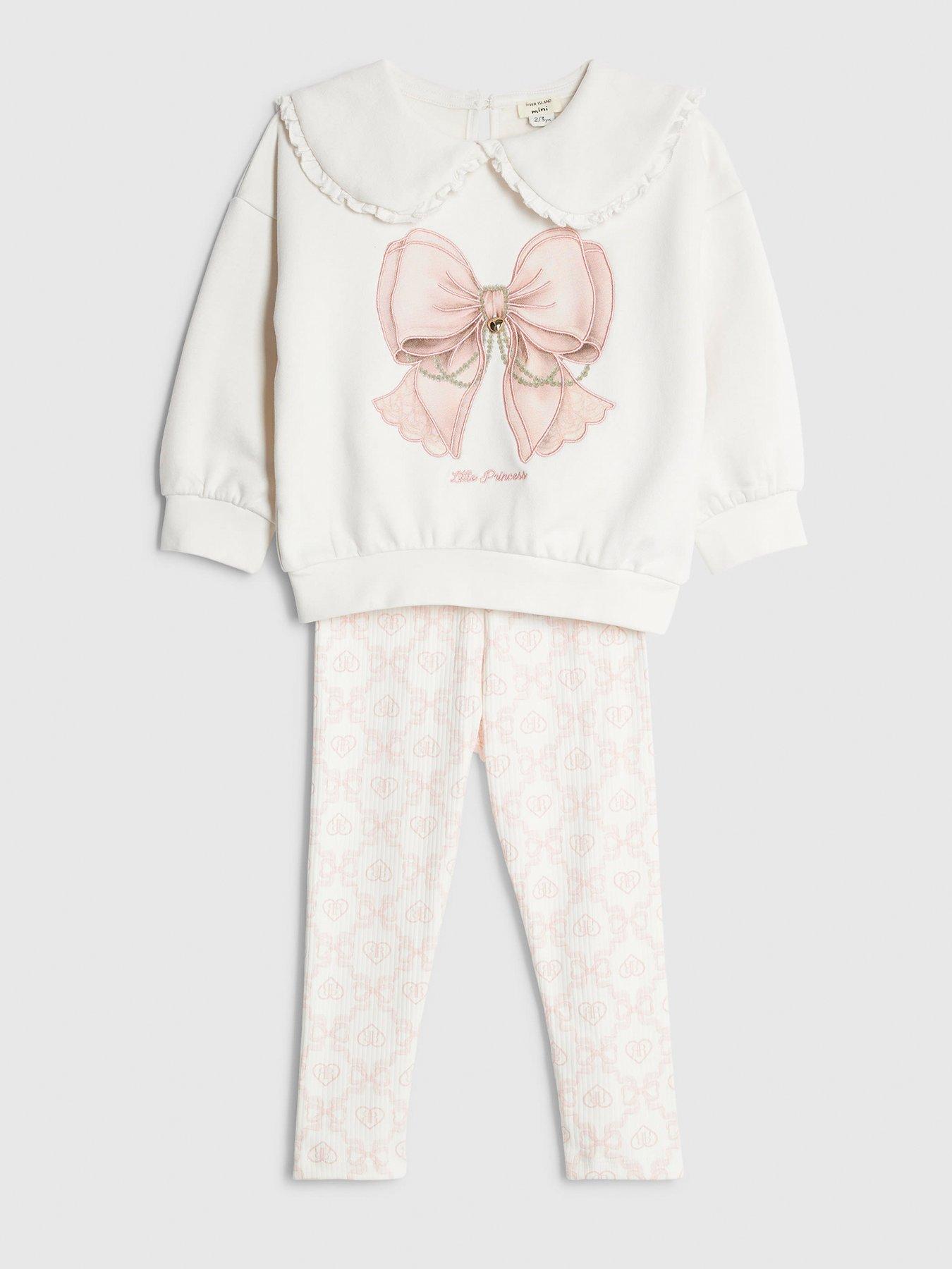Image 3 of 5 of River Island Mini Girls Collared Bow Legging Set - Cream