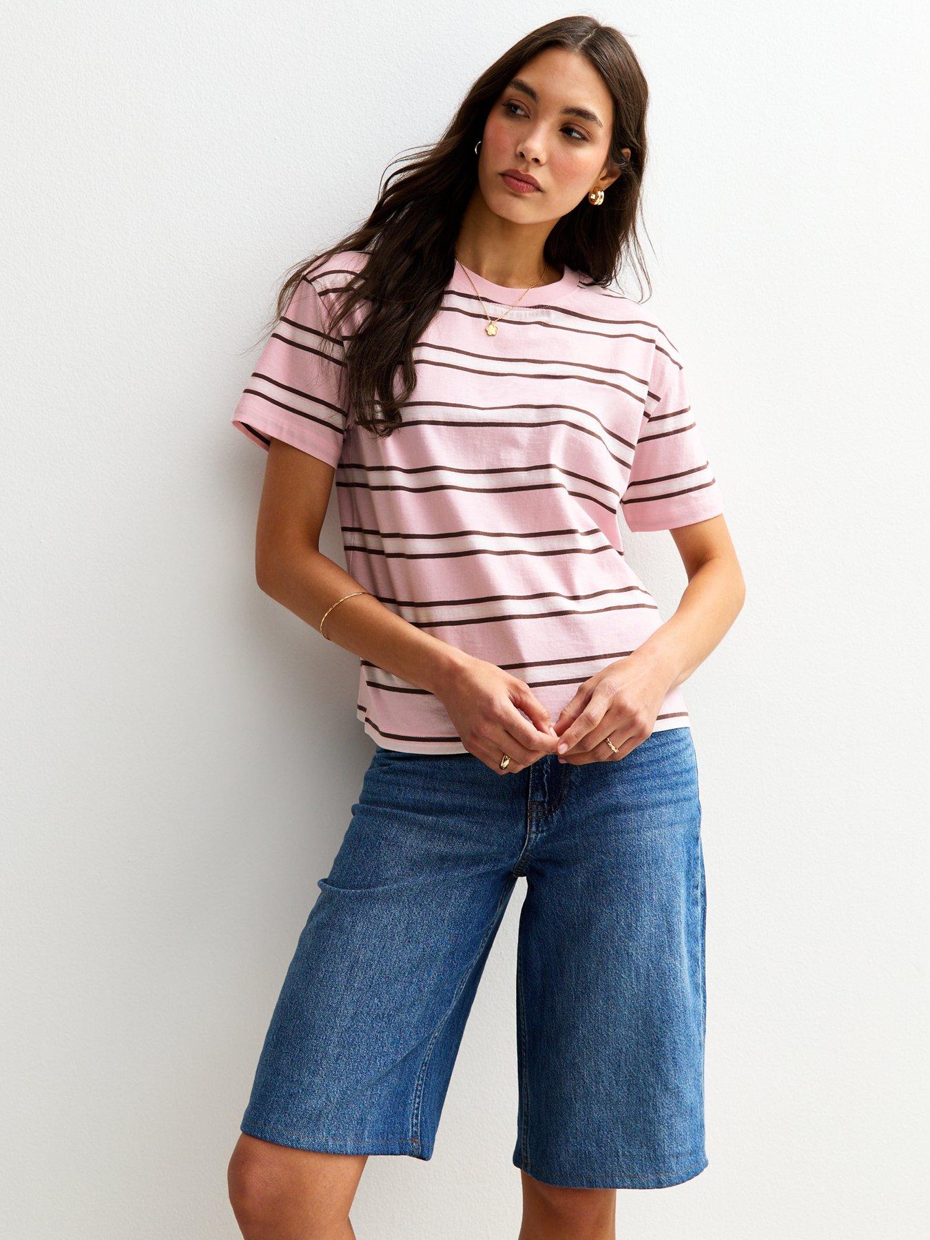 undefined Short Sleeve Striped T-Shirt - Pink