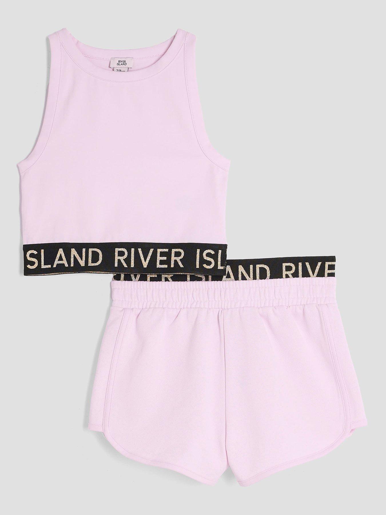 undefined Older Girls Glitter Ri Waistband Tank Top Set  - Pink