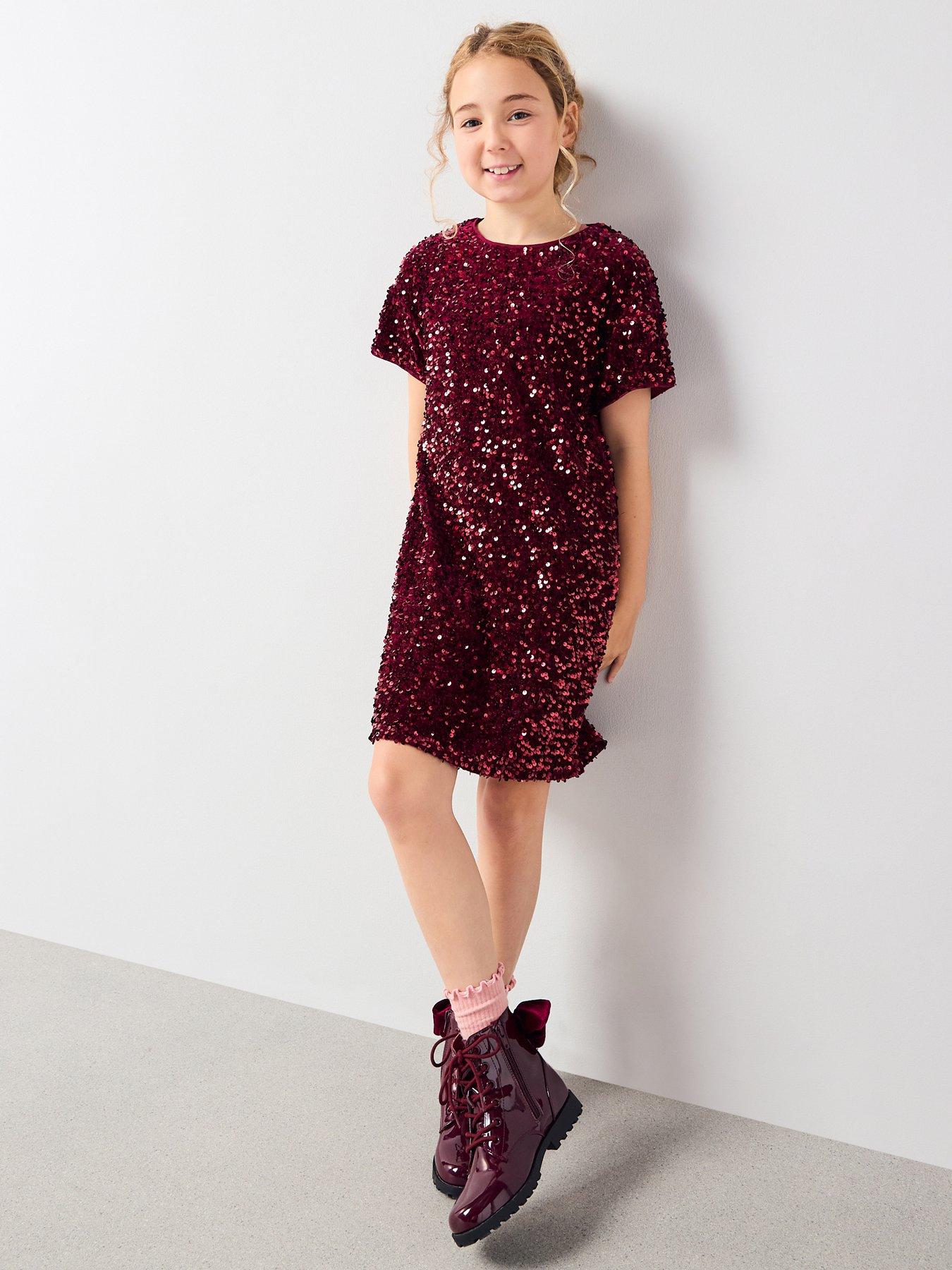 The Very Collection Girls Sequin Shift Party Dress - Burgundy/Red