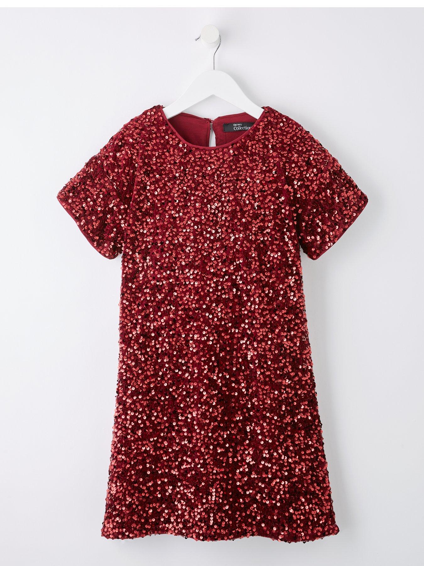 undefined Girls Sequin Shift Party Dress - Burgundy/Red
