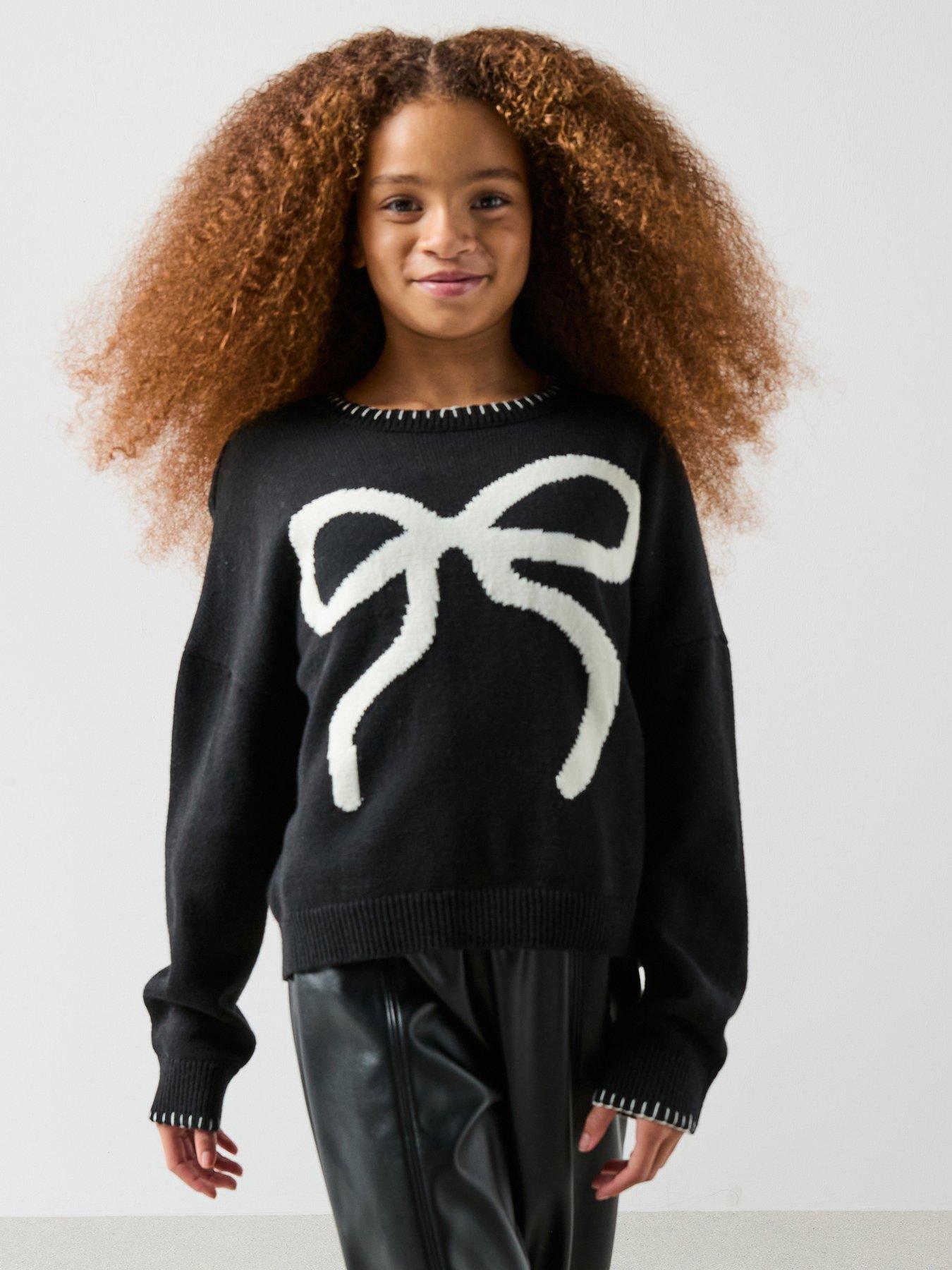 The Very Collection Girls Bow Knit Outfit With Pu Pants - Black