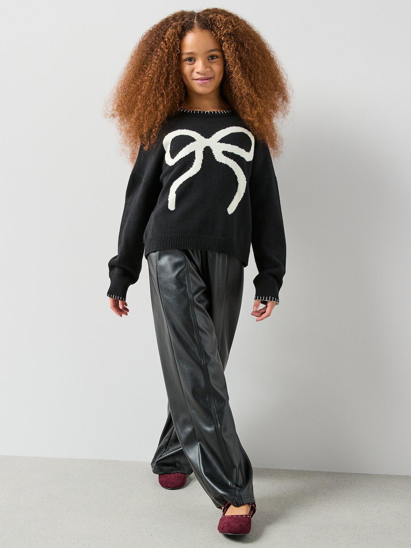 The Very Collection Girls Bow Knit Outfit With Pu Pants - Black