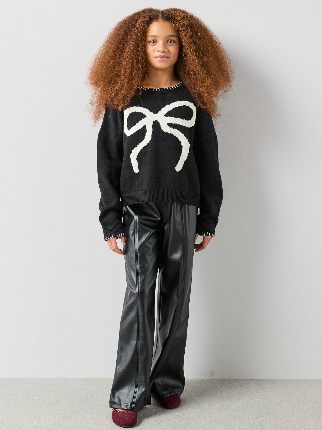  image of the-very-collection-girls-bow-knit-outfit-with-pu-pants-black