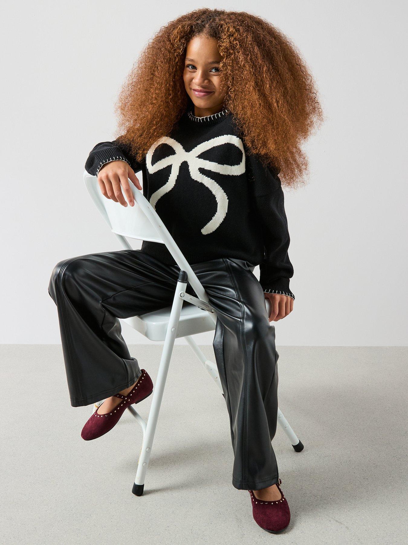  image of the-very-collection-girls-bow-knit-outfit-with-pu-pants-black