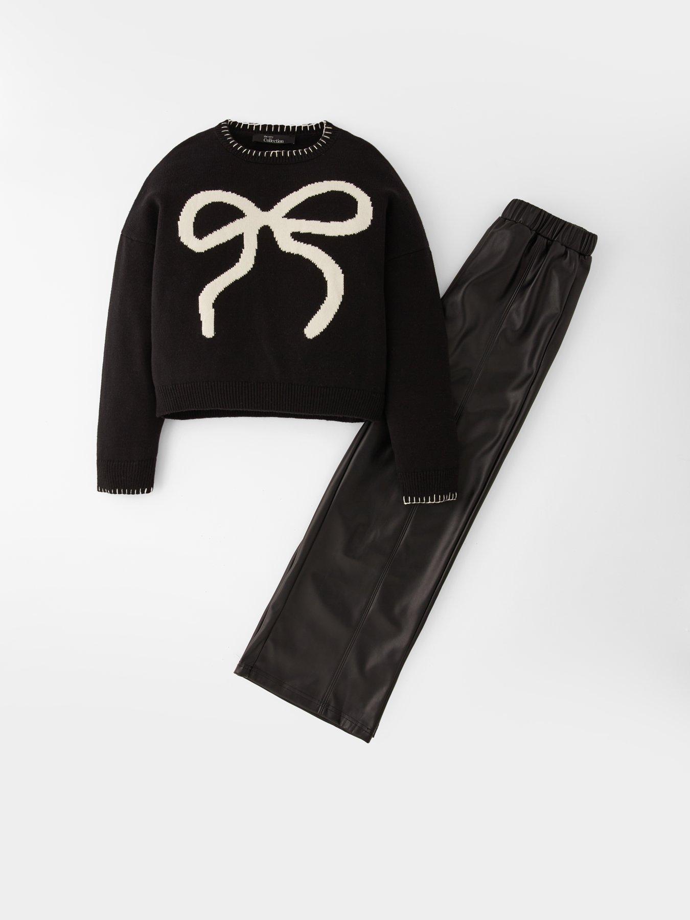  image of the-very-collection-girls-bow-knit-outfit-with-pu-pants-black