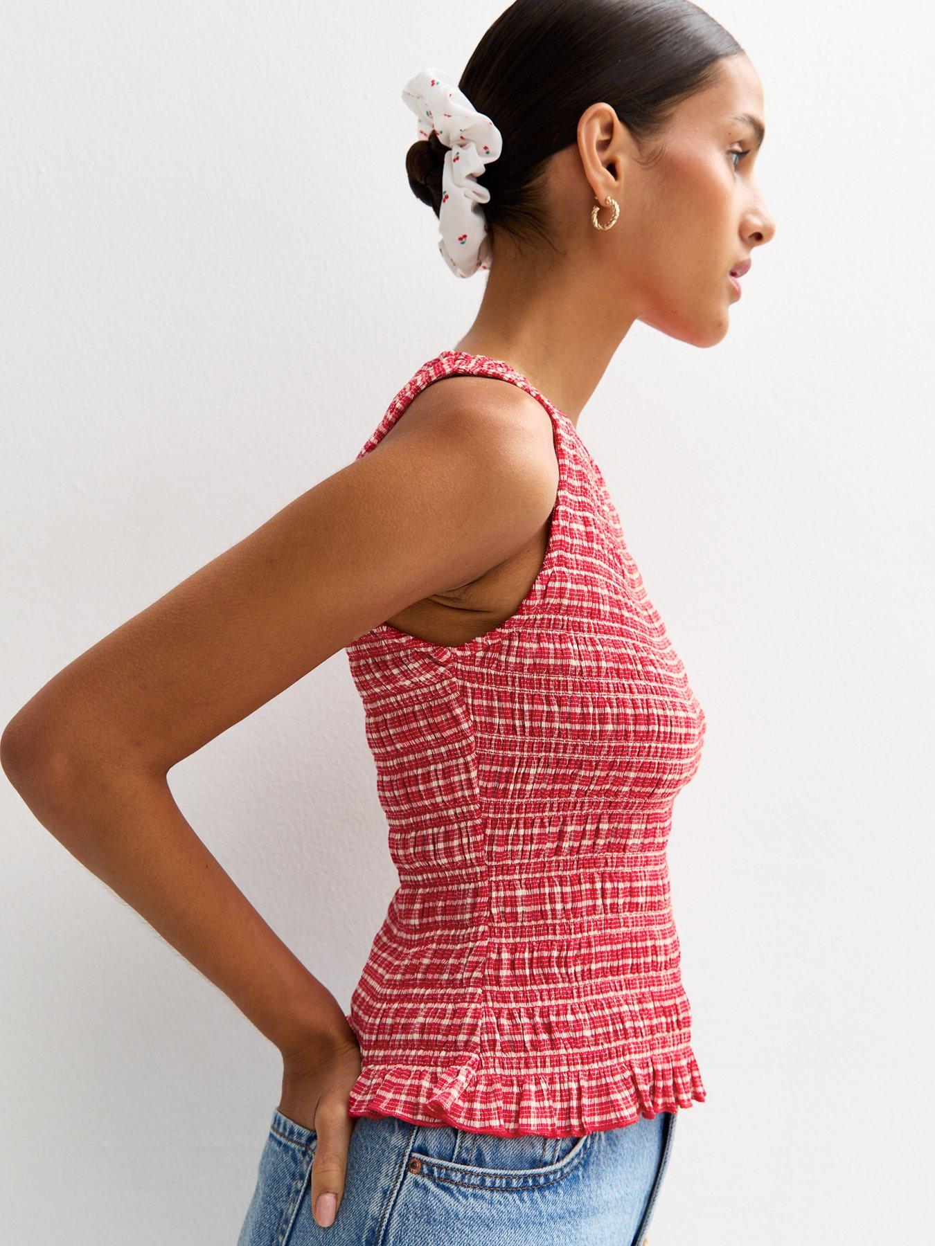 undefined Red Check Print Shirred Texture Vest
