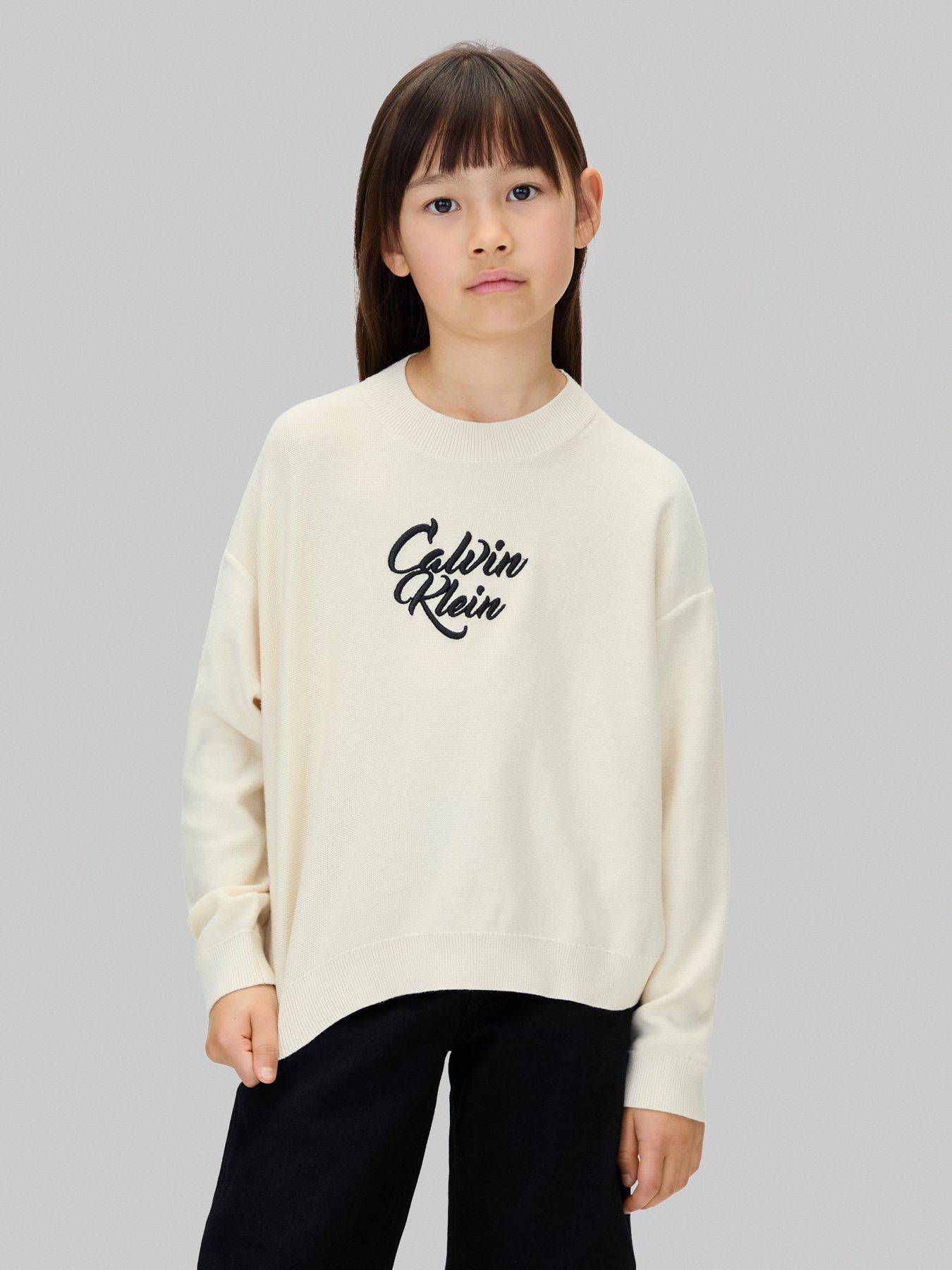 Image 1 of 5 of Calvin Klein Jeans Girls Script Logo Graphic Crewneck Jumper - Whitecap Gray
