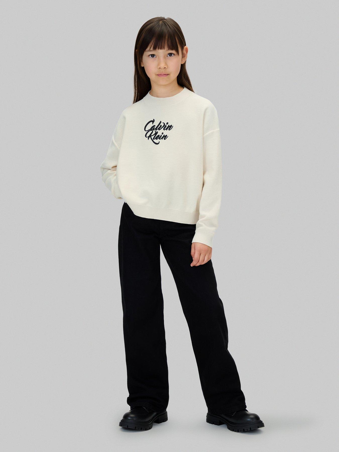 Image 3 of 5 of Calvin Klein Jeans Girls Script Logo Graphic Crewneck Jumper - Whitecap Gray