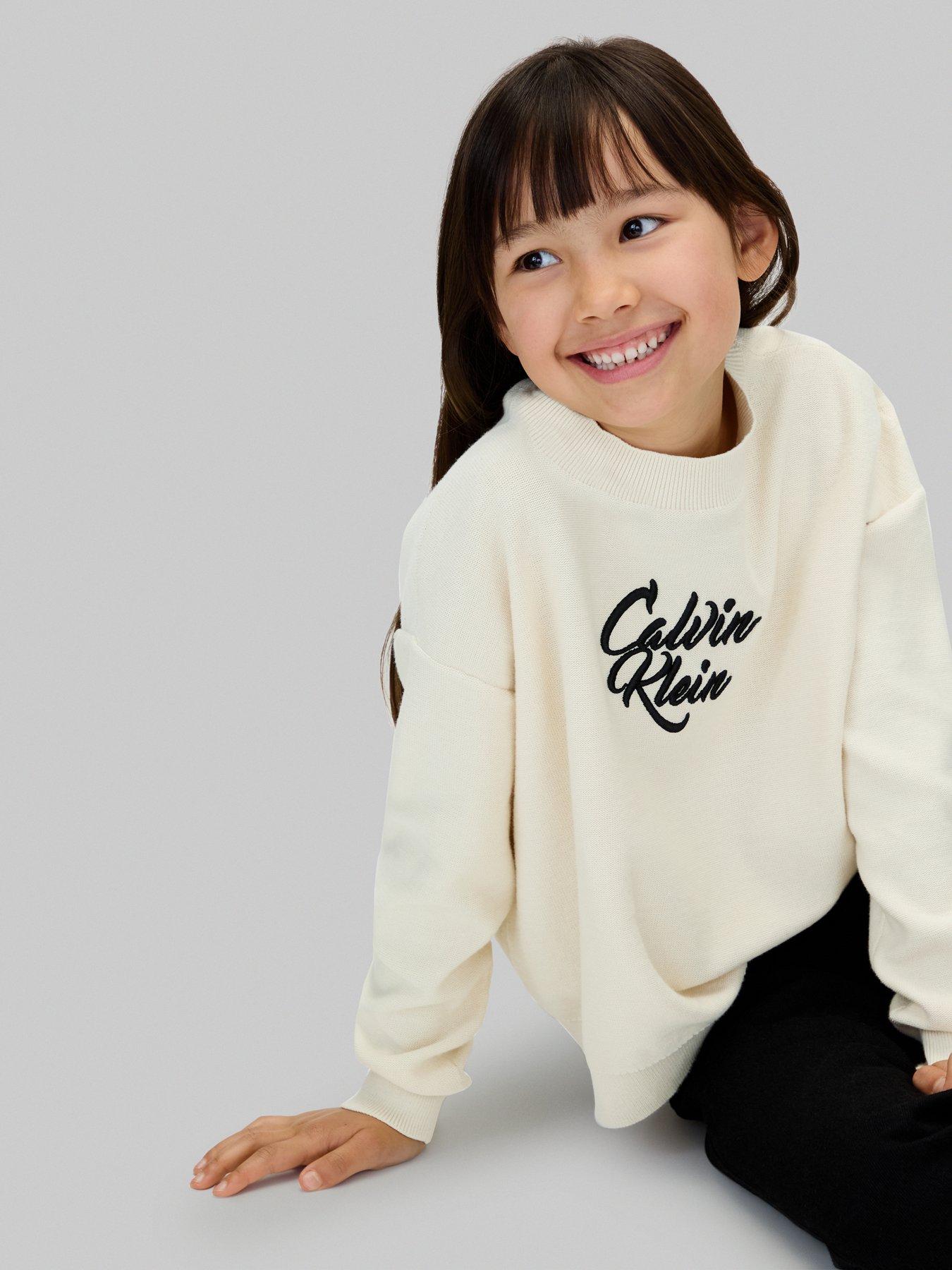 Image 4 of 5 of Calvin Klein Jeans Girls Script Logo Graphic Crewneck Jumper - Whitecap Gray