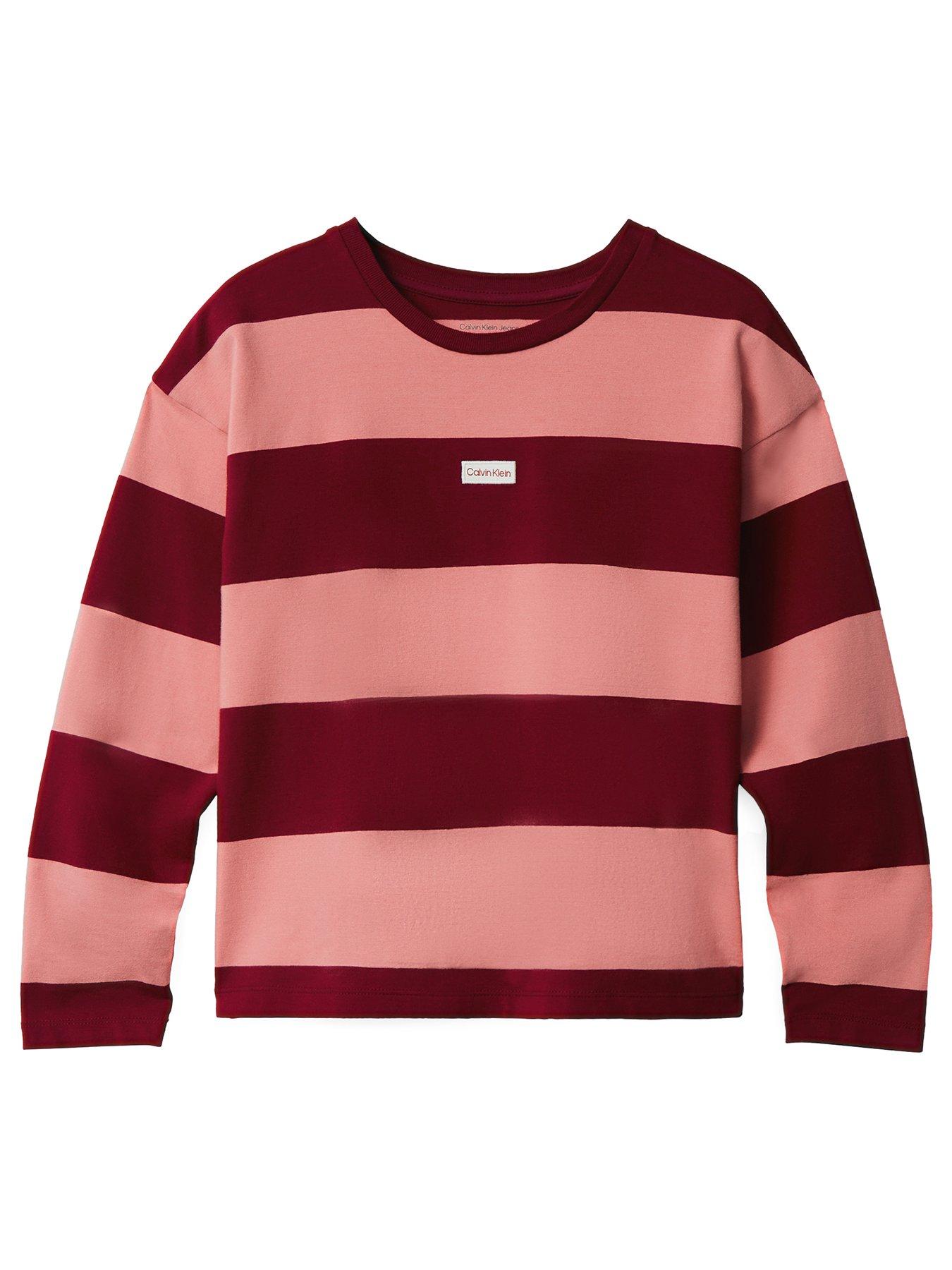 Image 1 of 1 of Calvin Klein Jeans Girls Crewneck Stripe Long Sleeve T-Shirt - Raspberry/Apricot