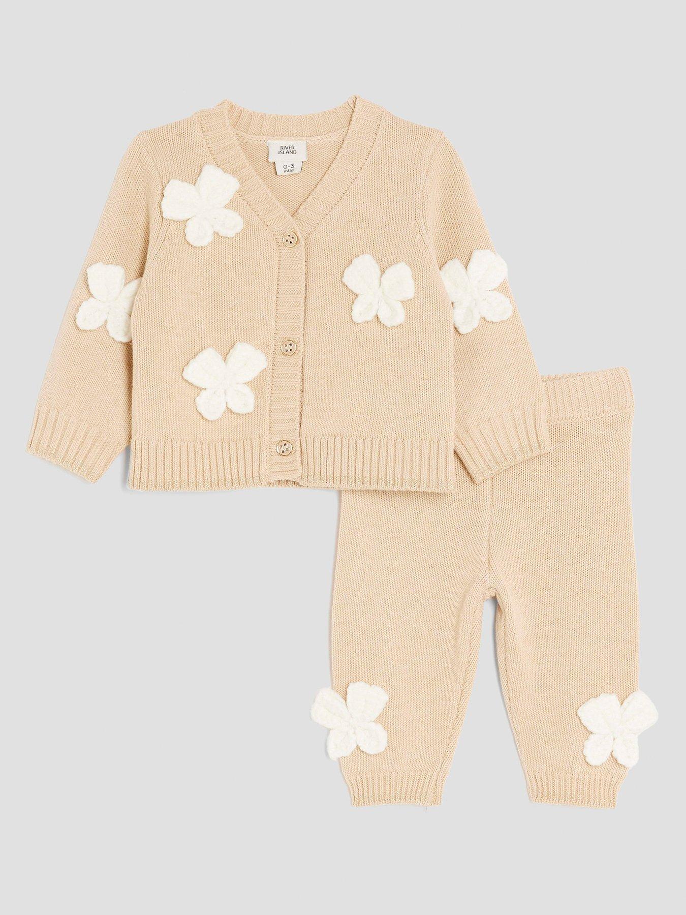 undefined Girls Crochet Bow Cardigan Set - Beige