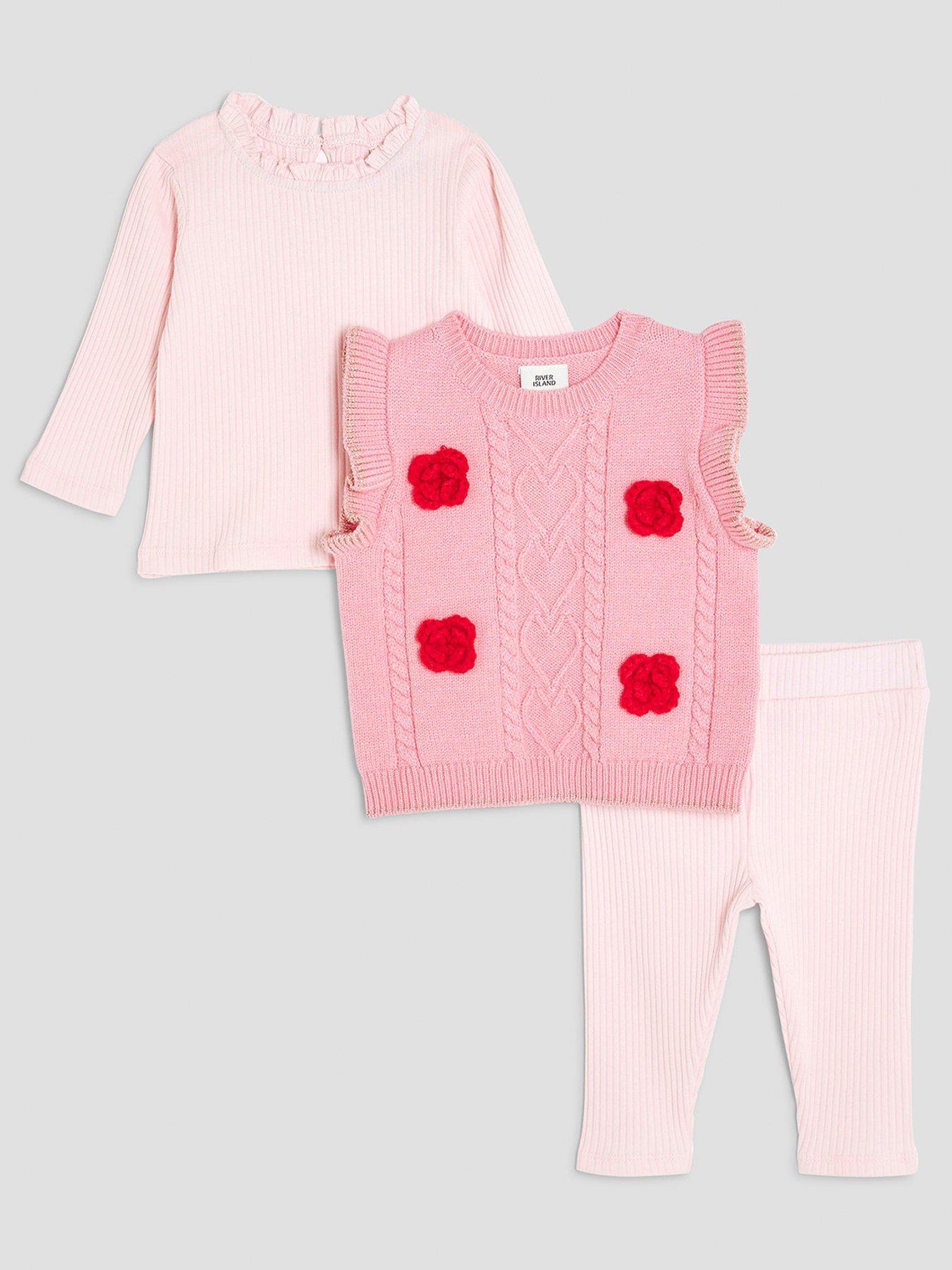 Image 1 of 4 of River Island Baby Girls Knitted 3 Piece Set - Pink
