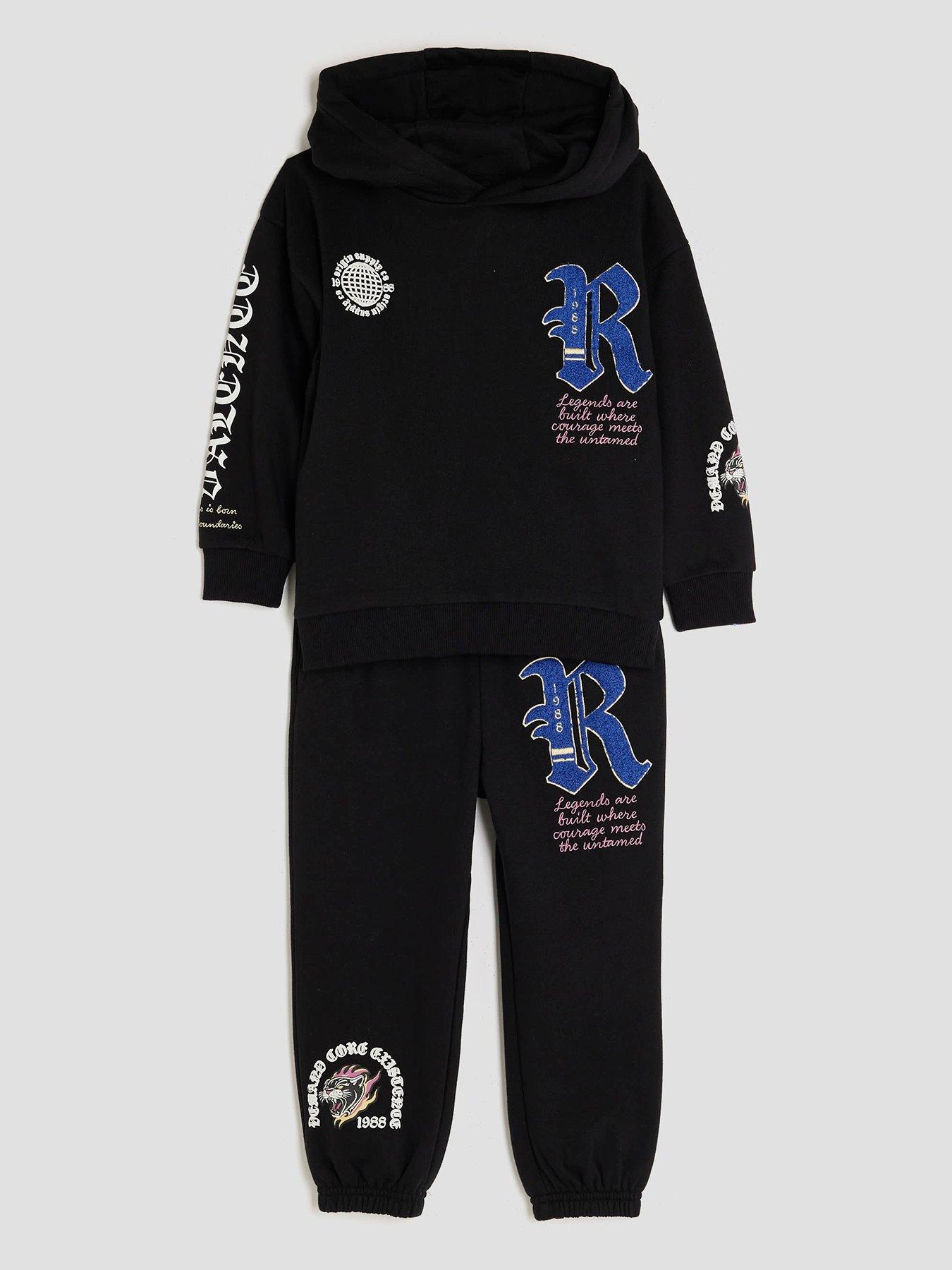  image of river-island-mini-boys-back-print-badge-gothic-hoodie-set-black