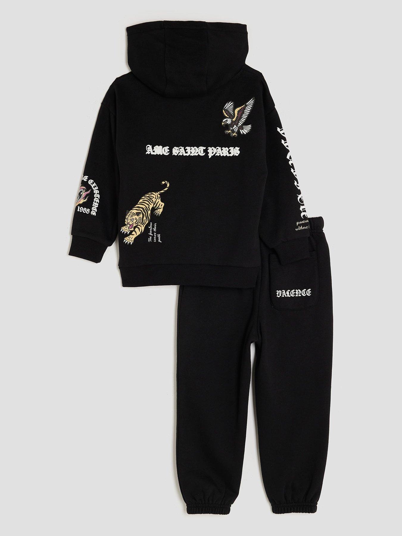  image of river-island-mini-boys-back-print-badge-gothic-hoodie-set-black