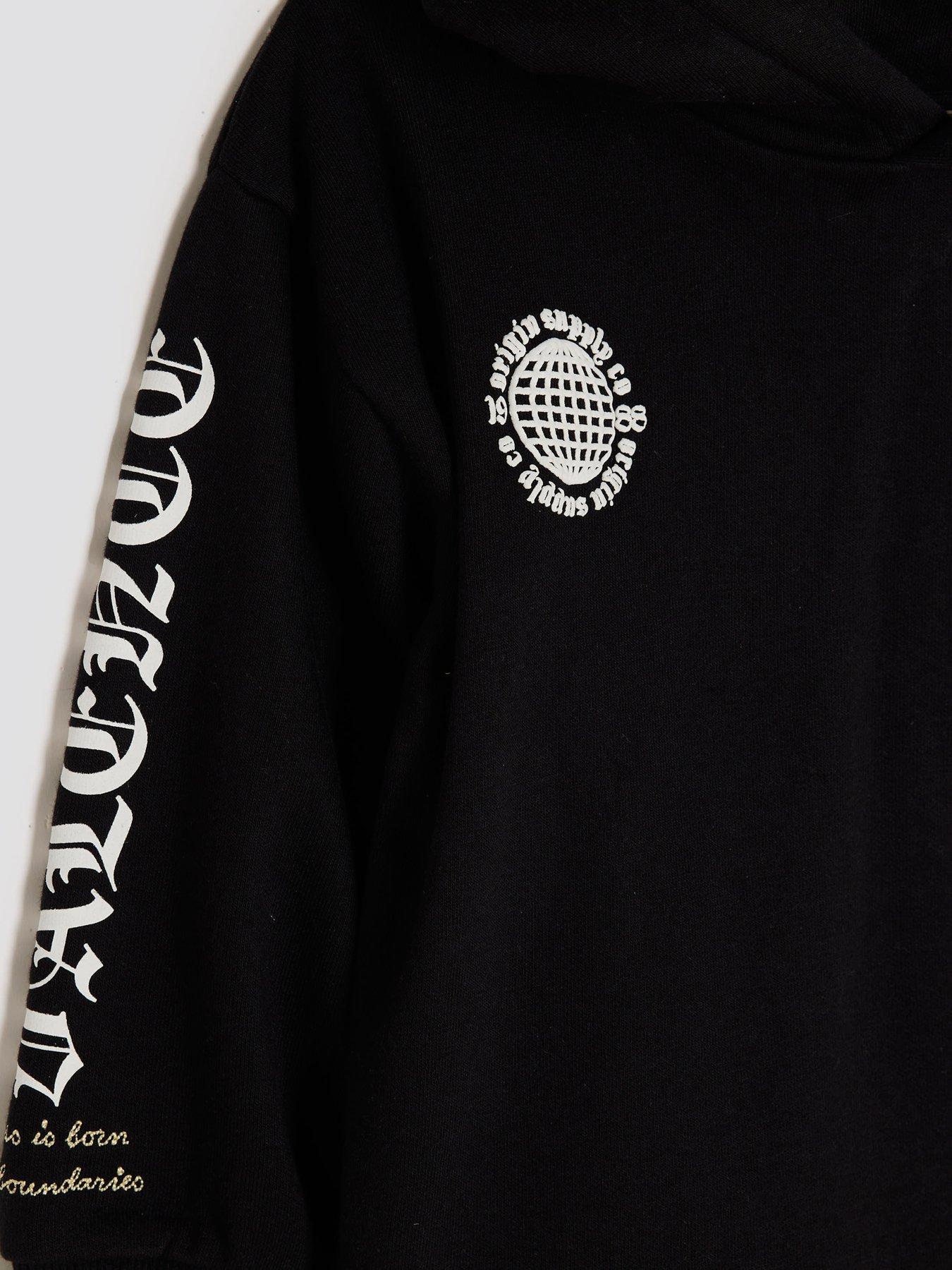  image of river-island-mini-boys-back-print-badge-gothic-hoodie-set-black
