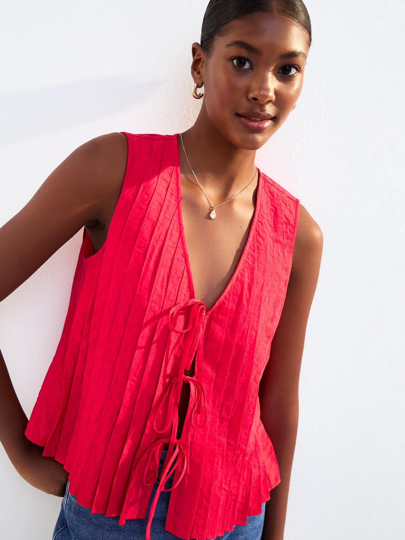 Image 1 of 4 of New Look Pleated Tie Front Sleeveless Top - Red
