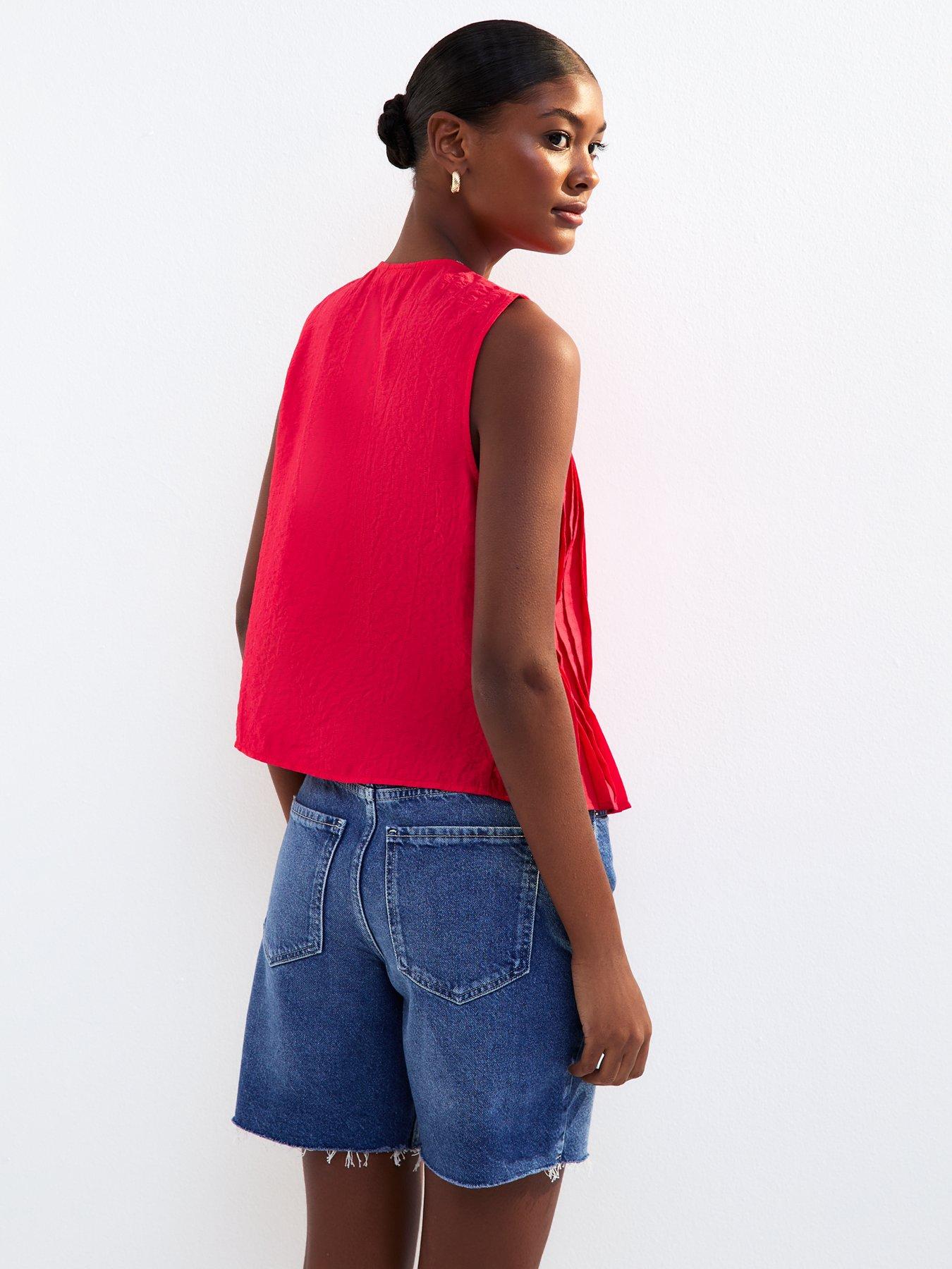 Image 2 of 4 of New Look Pleated Tie Front Sleeveless Top - Red