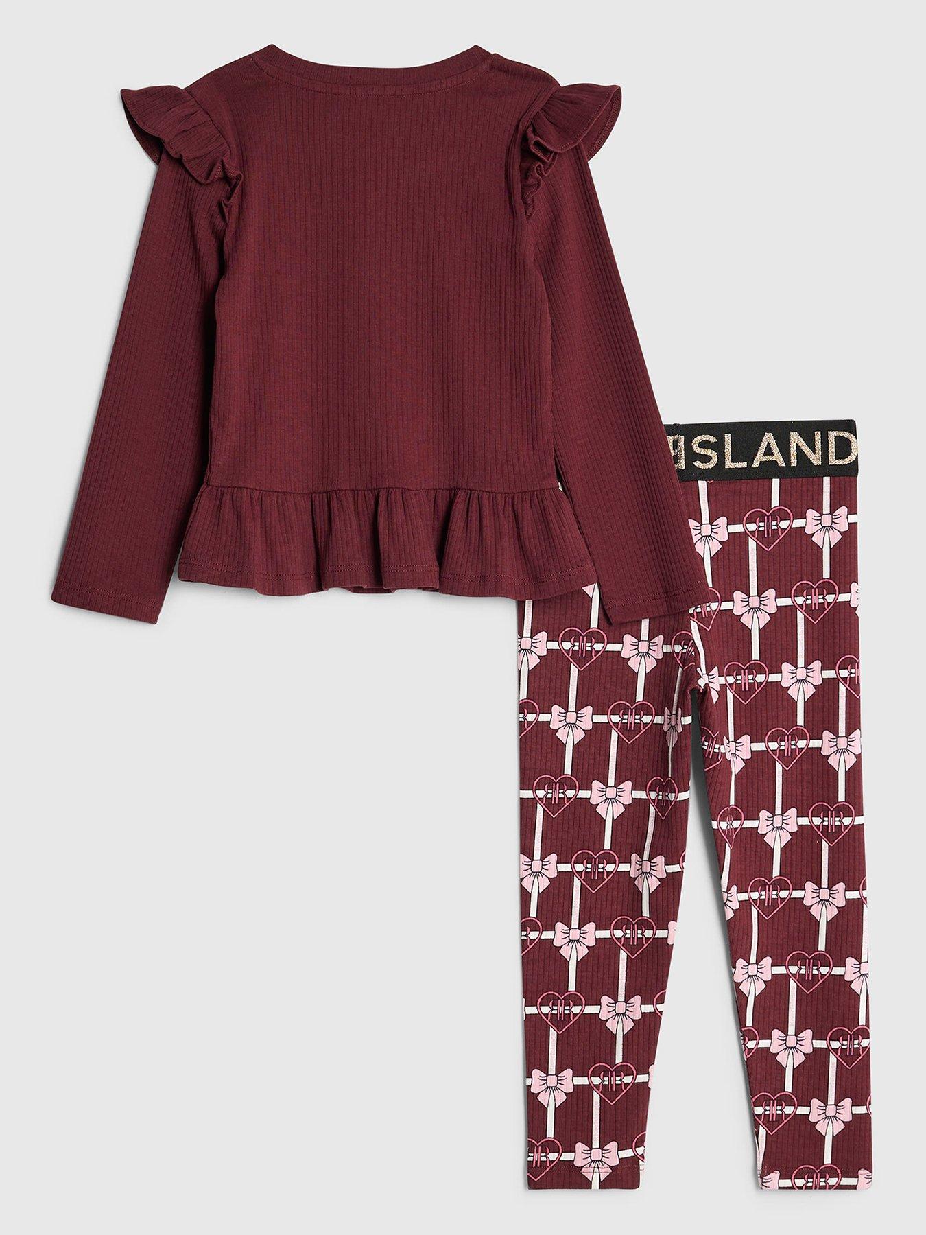  image of river-island-mini-girls-ribbed-frill-legging-set-dark-red