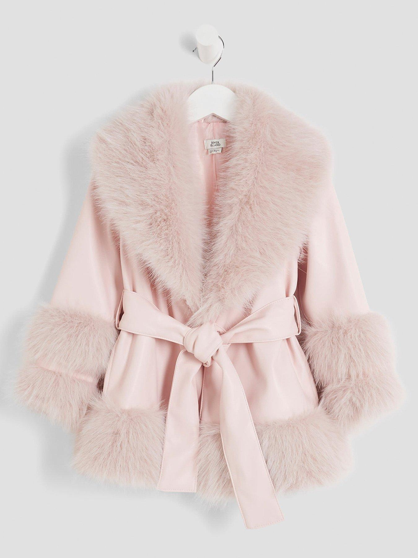 Image 1 of 4 of River Island Mini Girls Faux Fur Wrap Coat - Pink