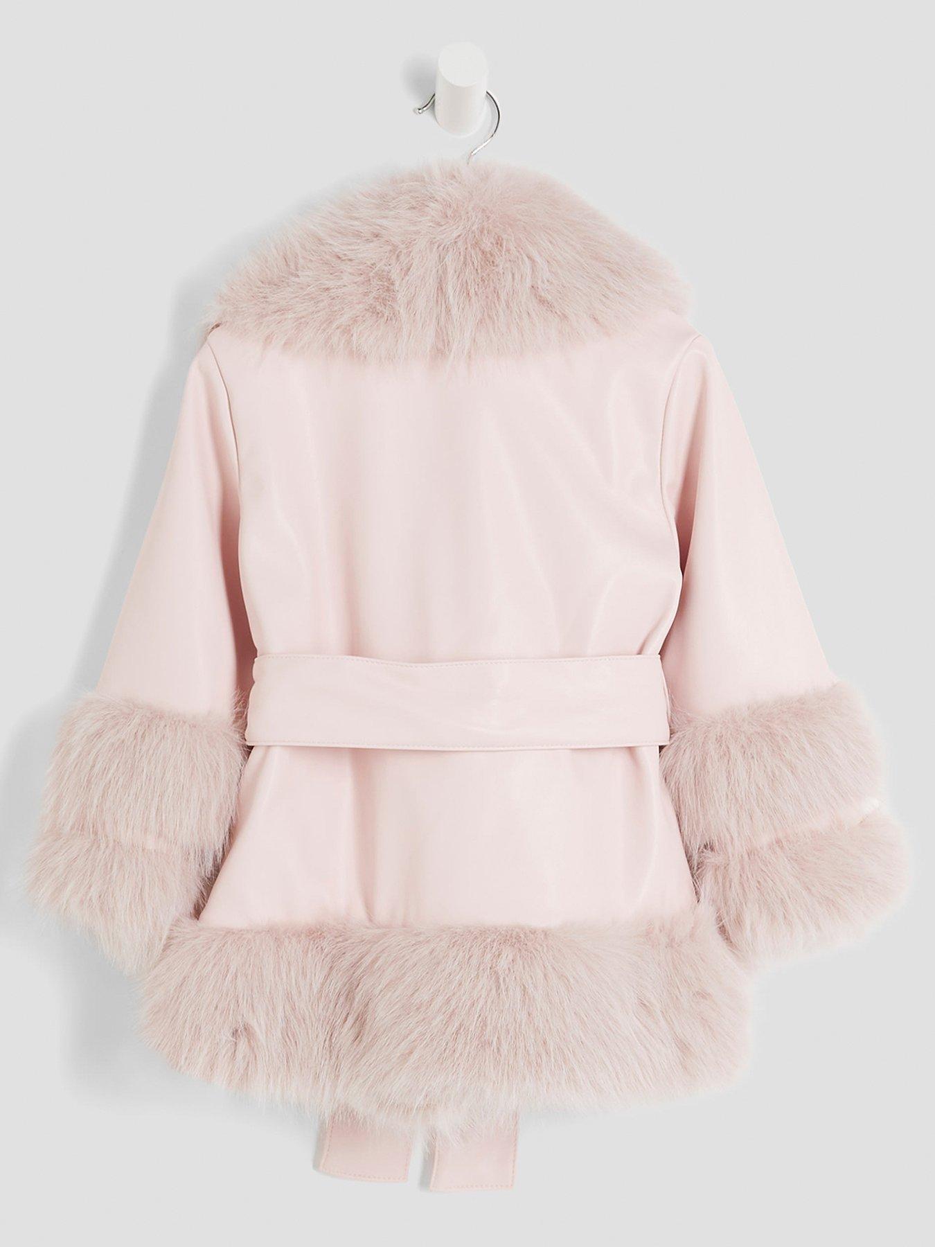 Image 2 of 4 of River Island Mini Girls Faux Fur Wrap Coat - Pink