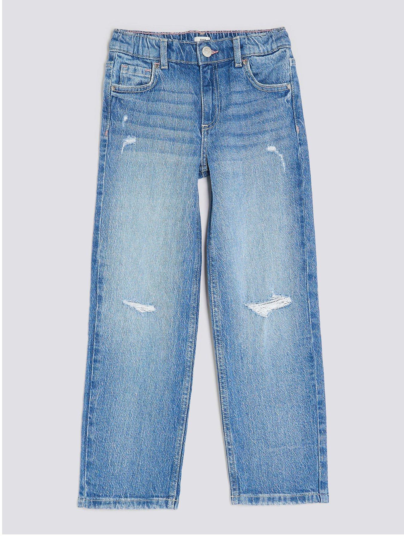 undefined Older Girls Ripped Straight Jeans - Blue