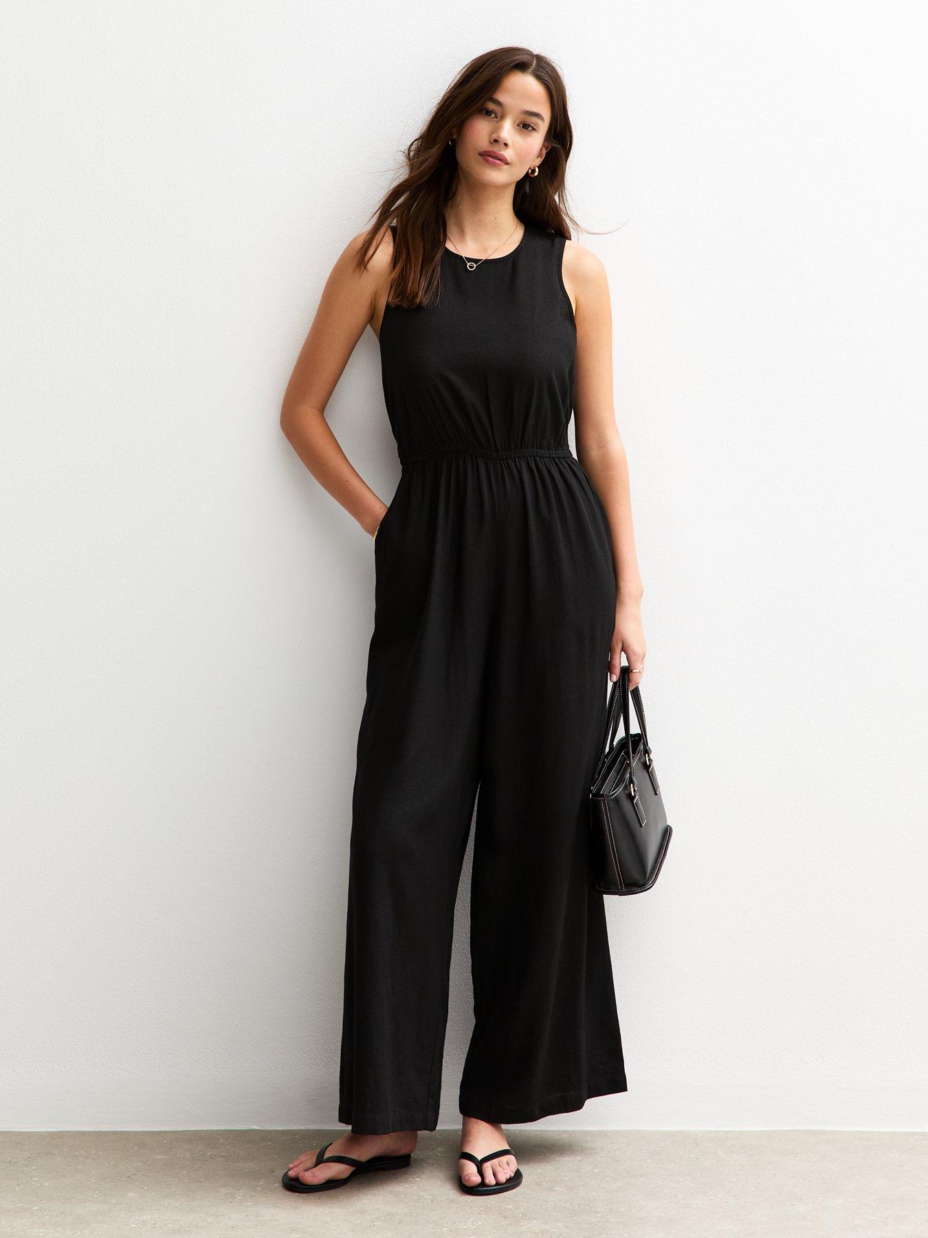 undefined Black Linen Look Tie Back Jumpsuit