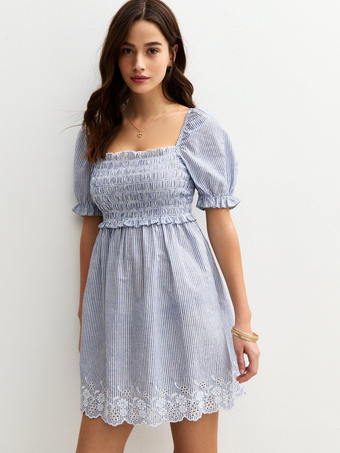 New Look Pattern Striped Embroidered Puff Sleeve Mini Dress - Blue
