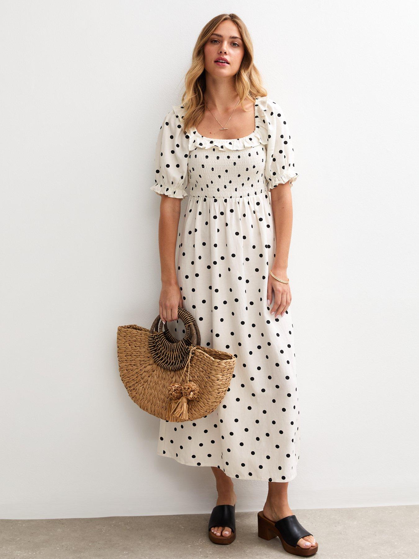 undefined White Spot Print Shirred Midi Dress