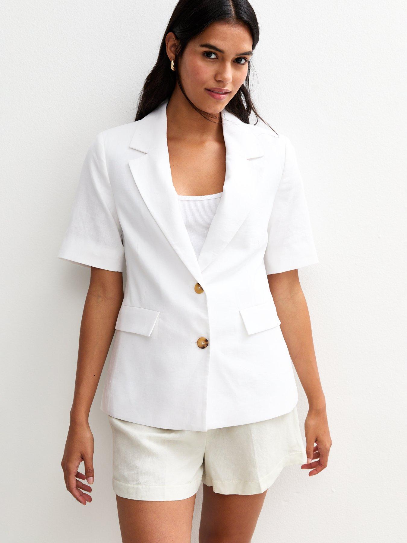 undefined White Linen Blend Short Sleeve Blazer