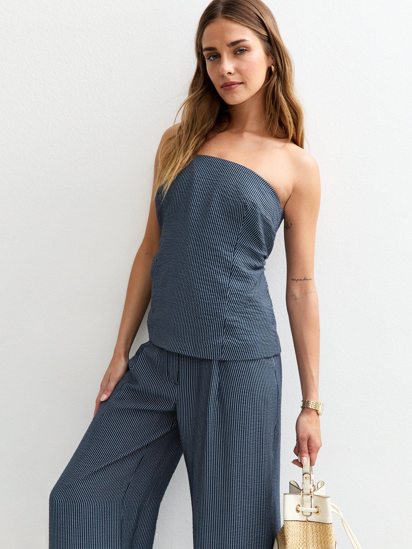 Image 1 of 4 of New Look Blue Striped Strapless Bandeau Top