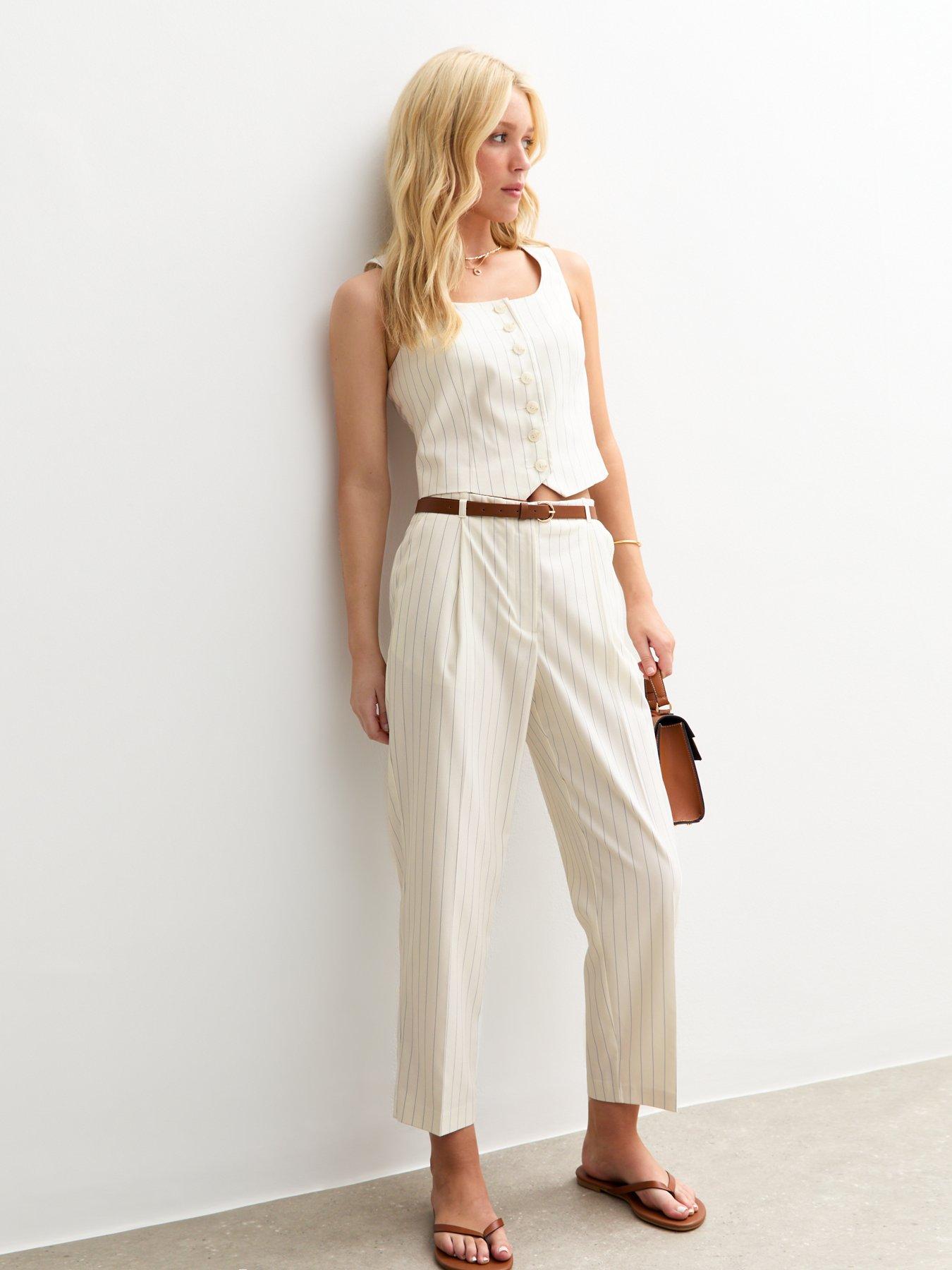New Look Cream Pinstripe Barrel Leg Belted Tailored Trousers