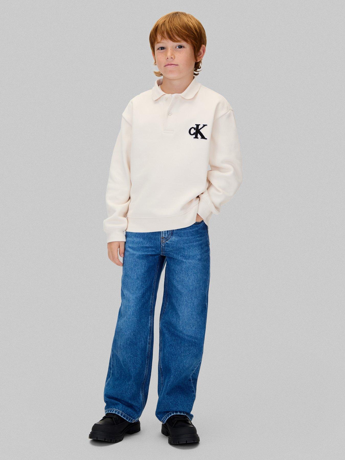Image 2 of 5 of Calvin Klein Jeans Boys Bonded Pique Towel Mono Long Sleeve Polo Shirt - Cream