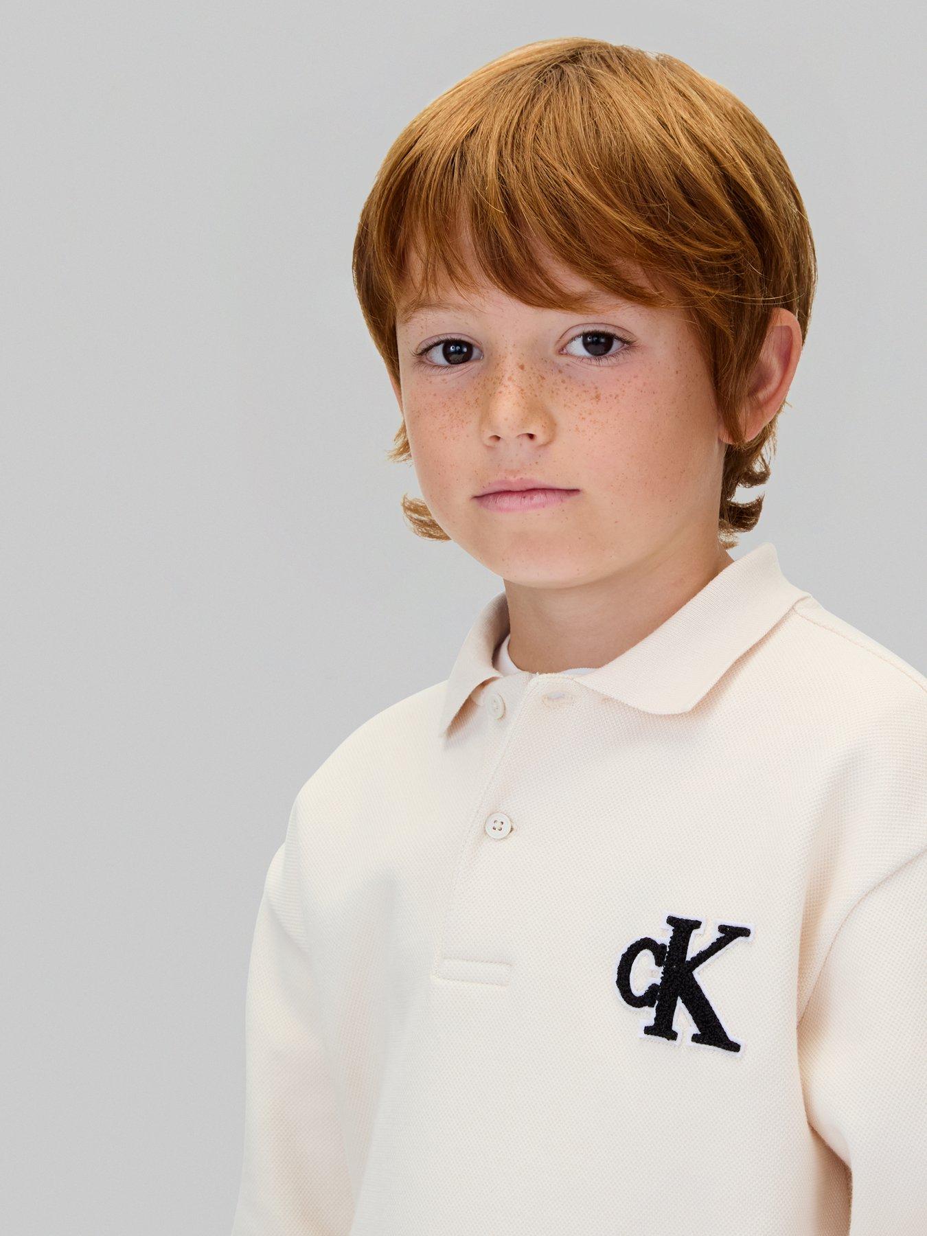 Image 4 of 5 of Calvin Klein Jeans Boys Bonded Pique Towel Mono Long Sleeve Polo Shirt - Cream