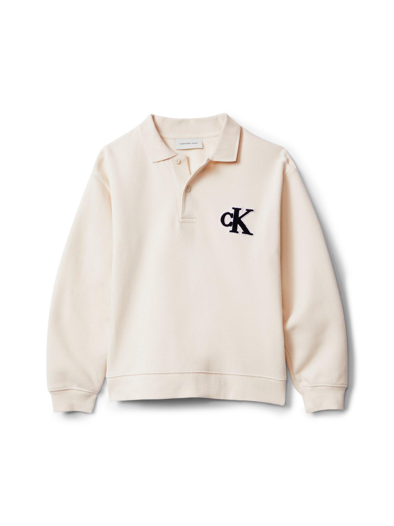 Image 5 of 5 of Calvin Klein Jeans Boys Bonded Pique Towel Mono Long Sleeve Polo Shirt - Cream