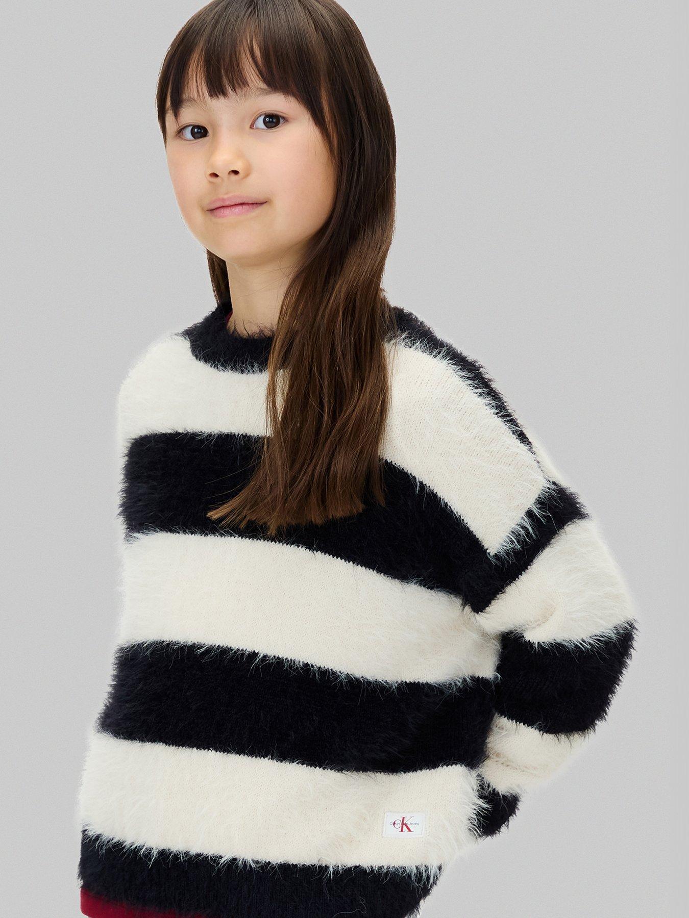 undefined Girls CK Stripe Crew Neck Jumper - White/Black