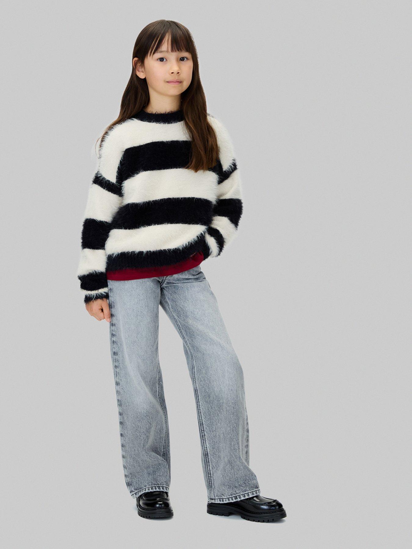 Image 2 of 4 of Calvin Klein Jeans Girls CK Stripe Crew Neck Jumper - White/Black
