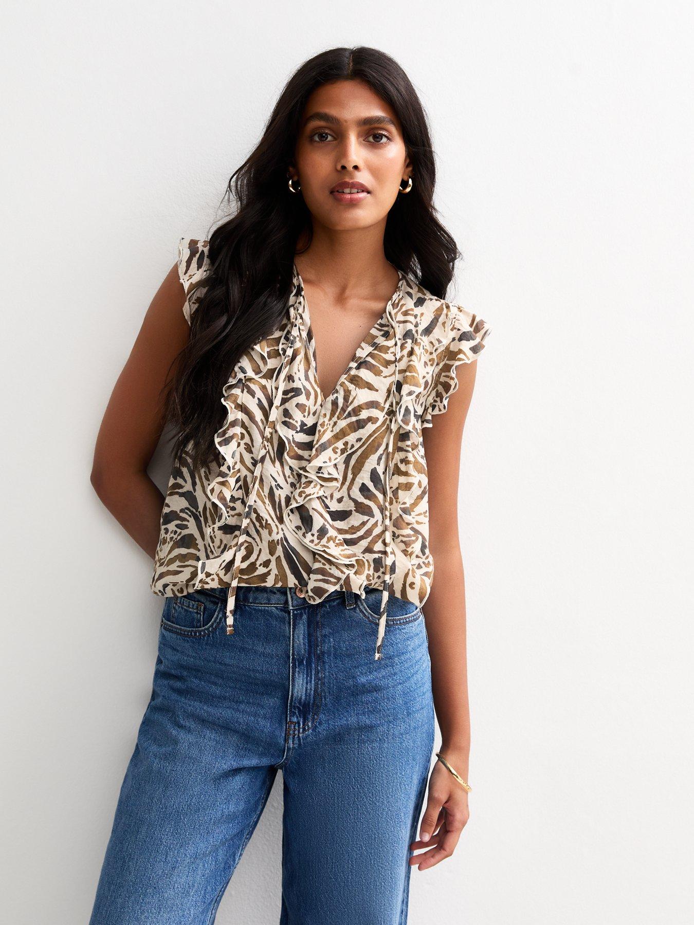 undefined Brown Zebra Print Ruffle Trim Sleeveless Blouse